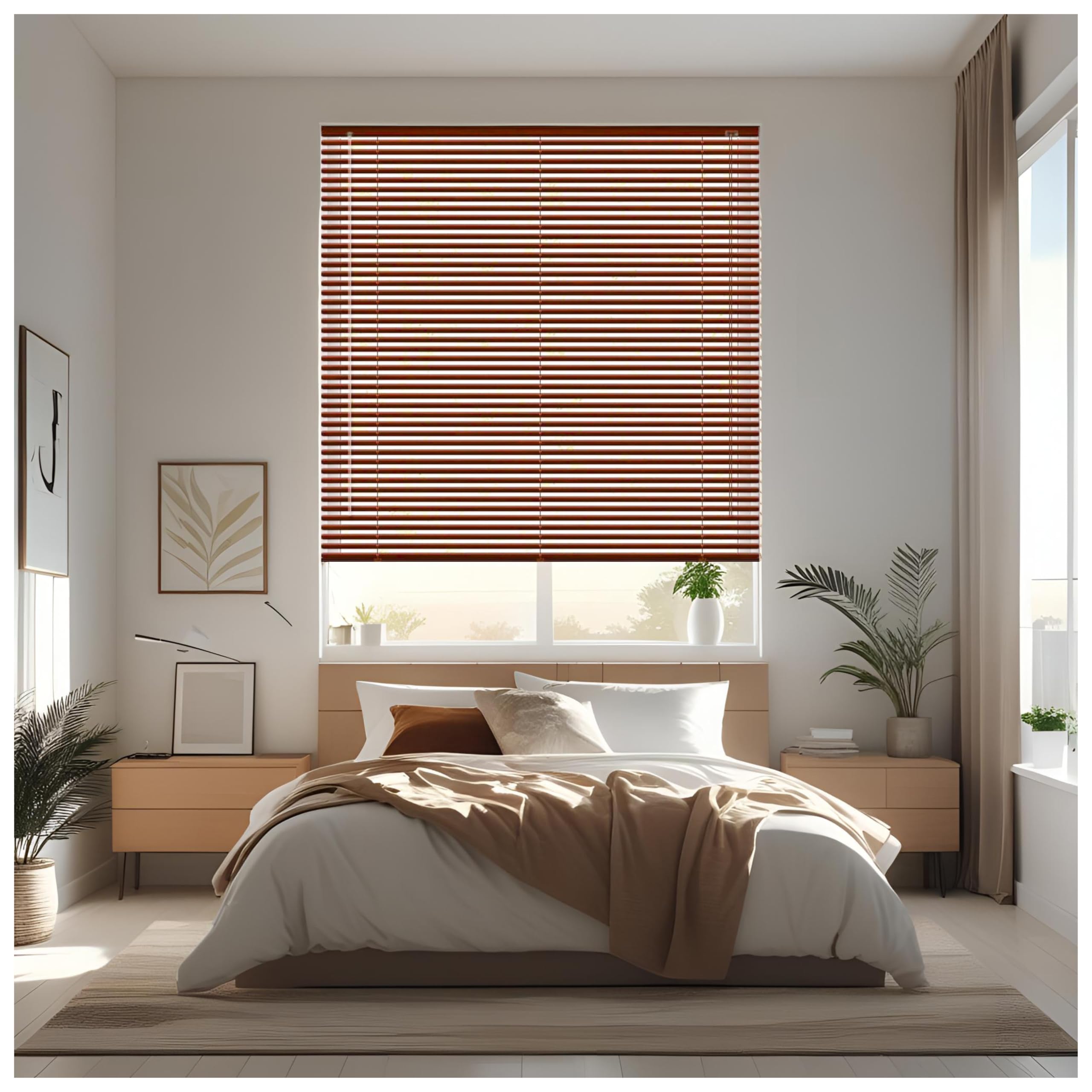 J.Din Walnut Wood Grain Effect Made To Measure PVC Venetian Window Blinds Easy Fit Windows Treatment Curtains Metal Headrail Wooden Shutters Child Safe Fittings 210W x 150H cm