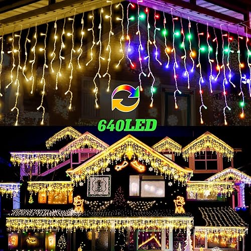 Vibrantes luces LED de carámbano 640 LED, 285 pies de longitud, ideal para decoración de Navidad al aire libre, fiestas de vacaciones y bodas.