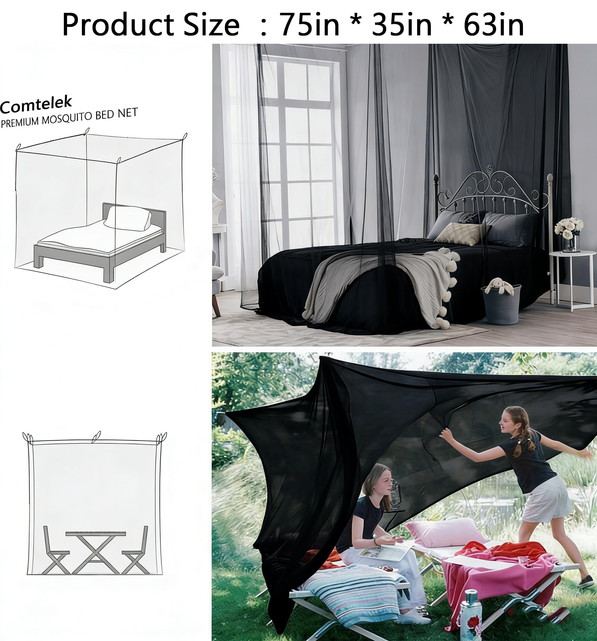 Bed Canopy with LED Star Lights, Black Canopy Bed Curtain with RGB Color Changing String Lights with Smart App Control Remote for Princess Girls Bedroom, Suggested for Twin Full Queen King Bed