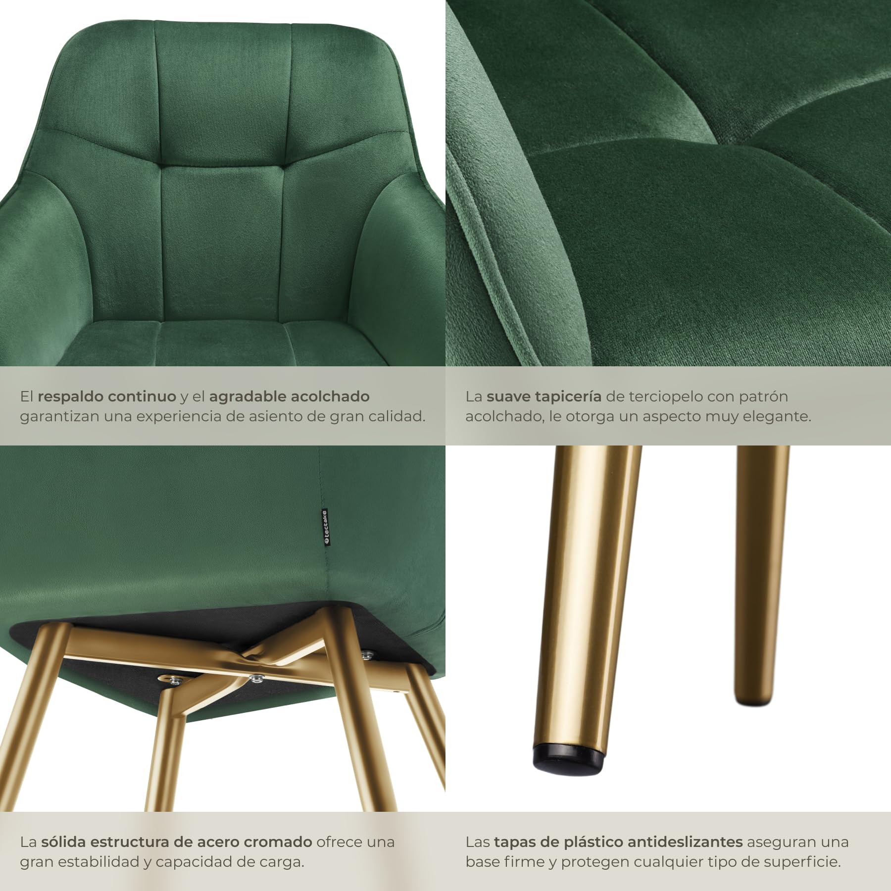 tectake® Sillas de Comedor Elegantes, Tapizado Aterciopelado, Respaldo Continuo, Sillas Comedor Modernas, Silla Dormitorio, Silla Nordica, Butacas de Salon - 1 Silla Verde Oscuro