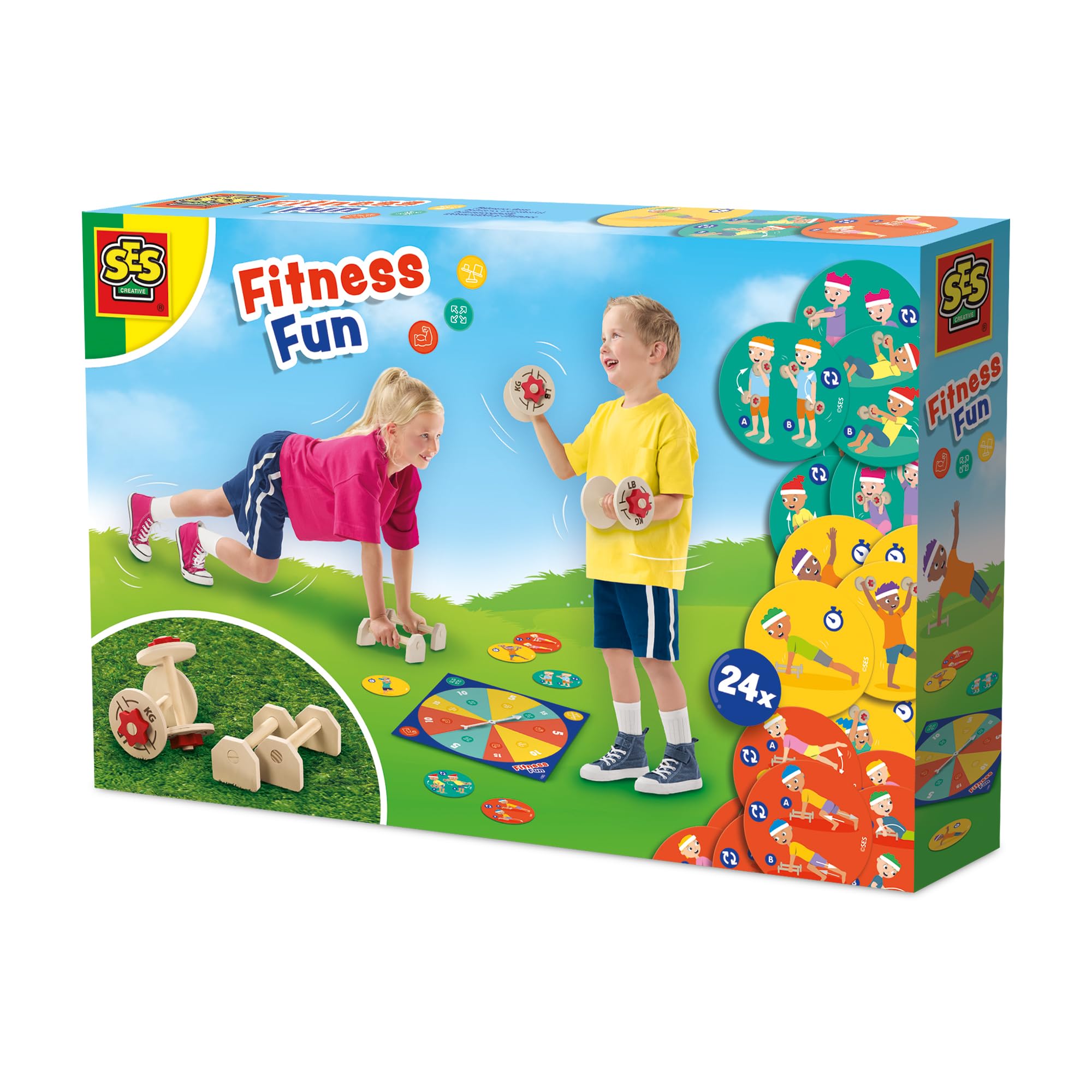 Ses Creative – Fitness et Plaisir – Exercices de Force, d'équilibre et de Mouvement – ​​Exercices de Gymnastique – avec haltères et parallettes – Jeu Actif en Plein air