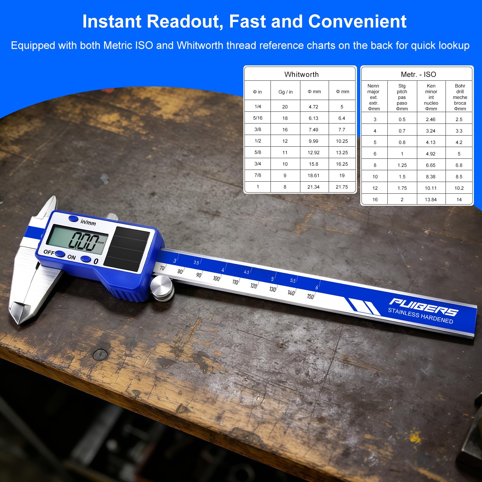 solar-powered electronic vernier calipers, with dual IN/MM scale display, one-second reading, and precise measurement.