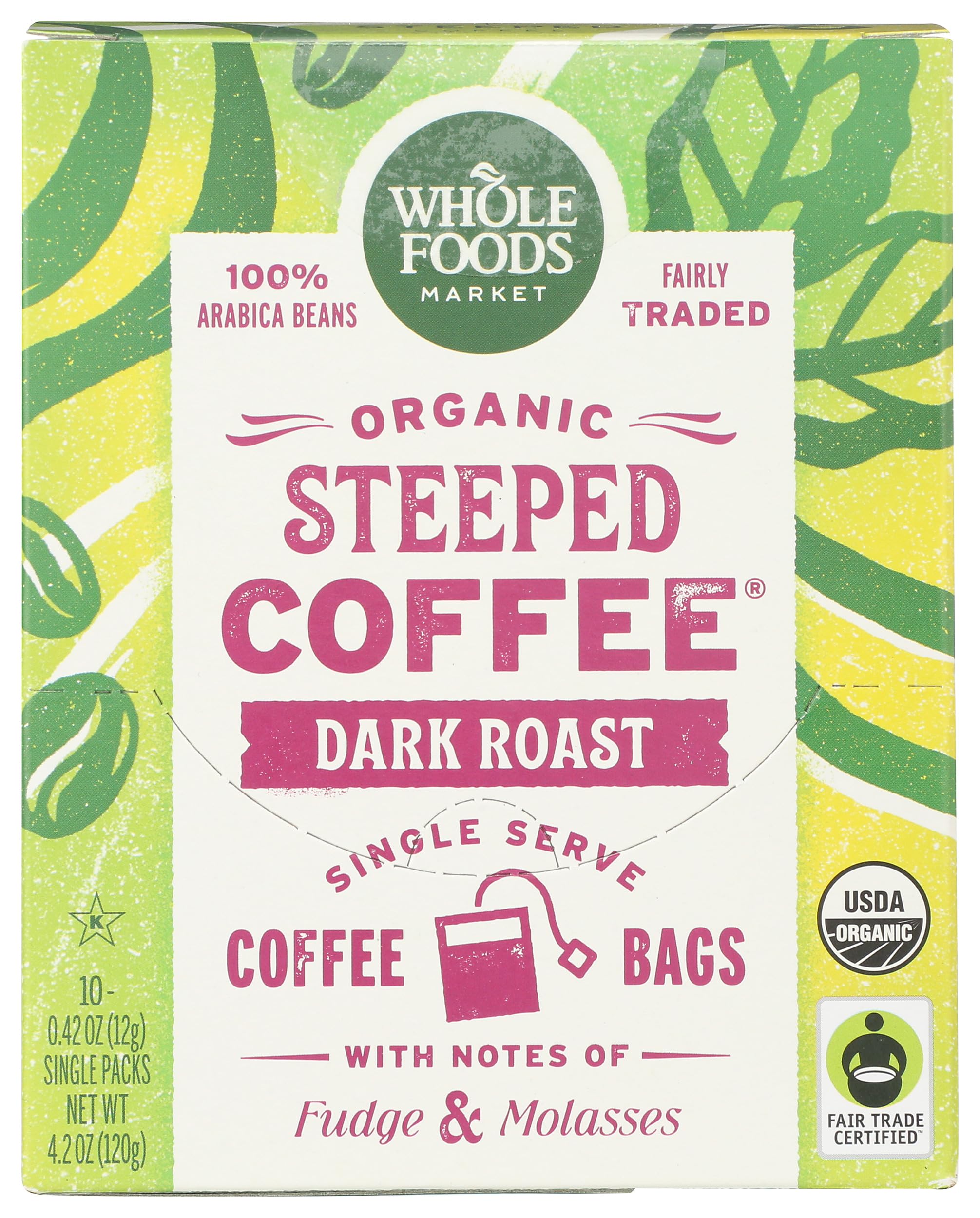 Whole Foods Market, Organic Steeped Coffee, Dark Roast, Notes of Fudge and Molasses, Single Serve Bags, 10 Count