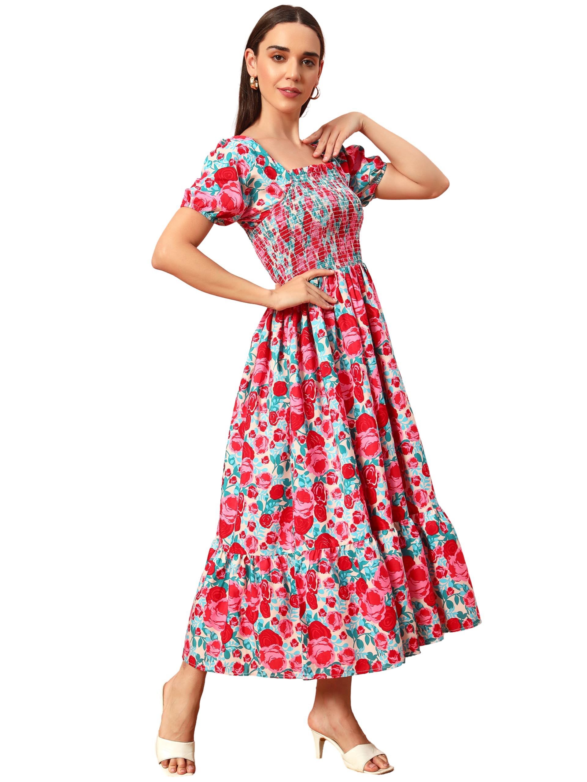 Kzully Women's Rayon Smocked Midi Dress (1003-Pink-Xxl_Pink