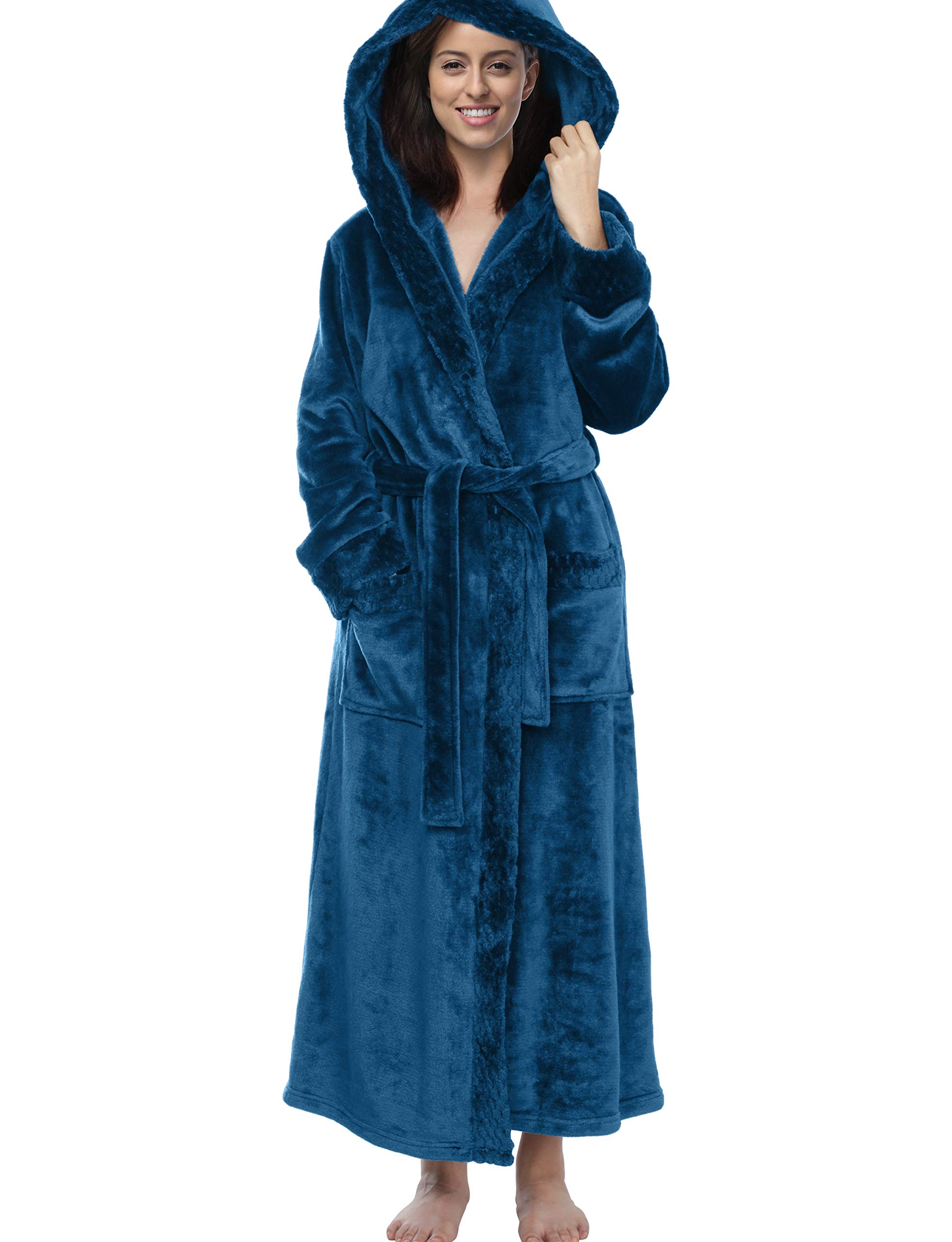 Women’s Soft Bathrobe, Long Winter Dressing Gown, Flannel, Sauna Robe With Shawl Collar, Pockets - Blue - X-Large