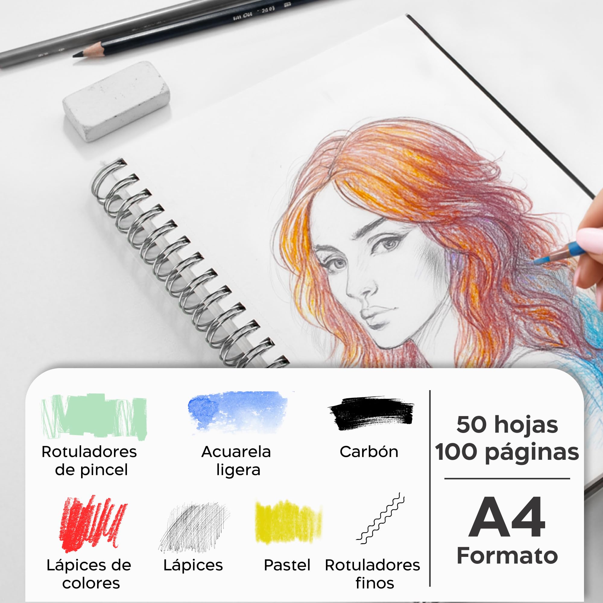 Zenacolor Sketchbook A4, Cuaderno de Dibujo 50 hojas/100 páginas, 200 g/m² de papel muy grueso - Bloc de Dibujo con Tapa Dura y espiral para Niños, Profesionales, Dibujar y Hacer Bocetos