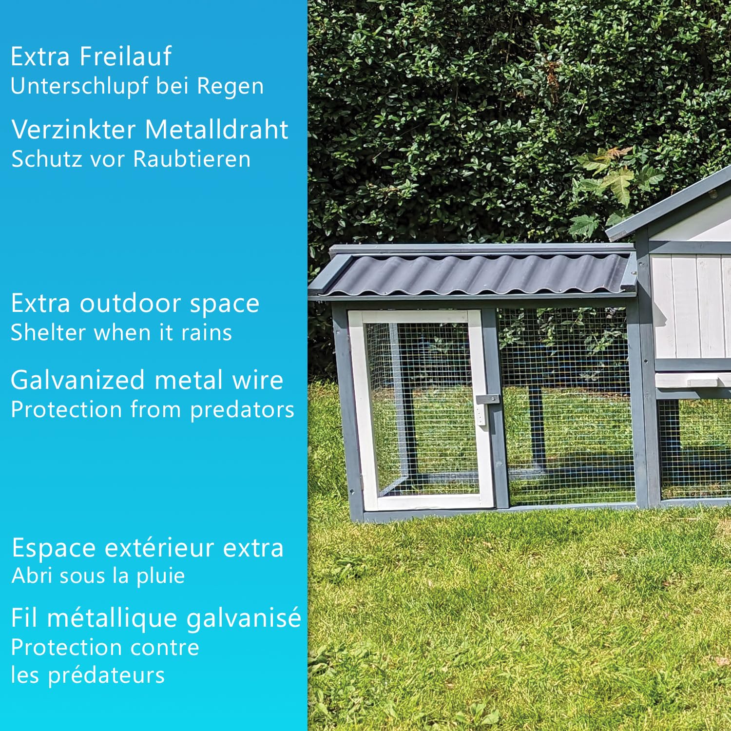 NYVI Hasenstall Picasso mit Auslauf - XXL Kleintierstall mit Gehege - PVC Dach & Kunststoffschublade - Einfache Montage, Langlebig - Outdoor Kaninchenstall 203x85x53cm Grau