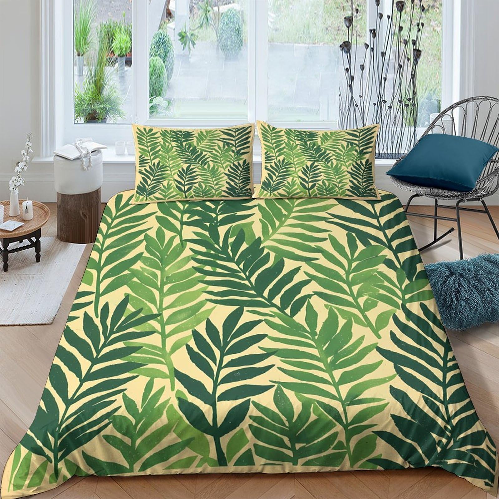 TUFRTGYHN 3D Printed Tropical Leaf Duvet Cover Microfiber Soft Breathable Jungle Bedding Set with 2 Pillowcases for Bedroom Decor Single（135x200cm）