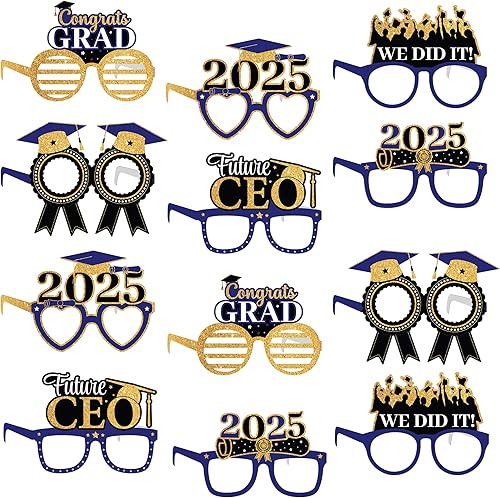 KatchOn, Gafas de graduación azules y doradas 2025 Paquete de 12 Gafas de graduación, decoraciones de graduación 2025 Accesorios de cabina de
