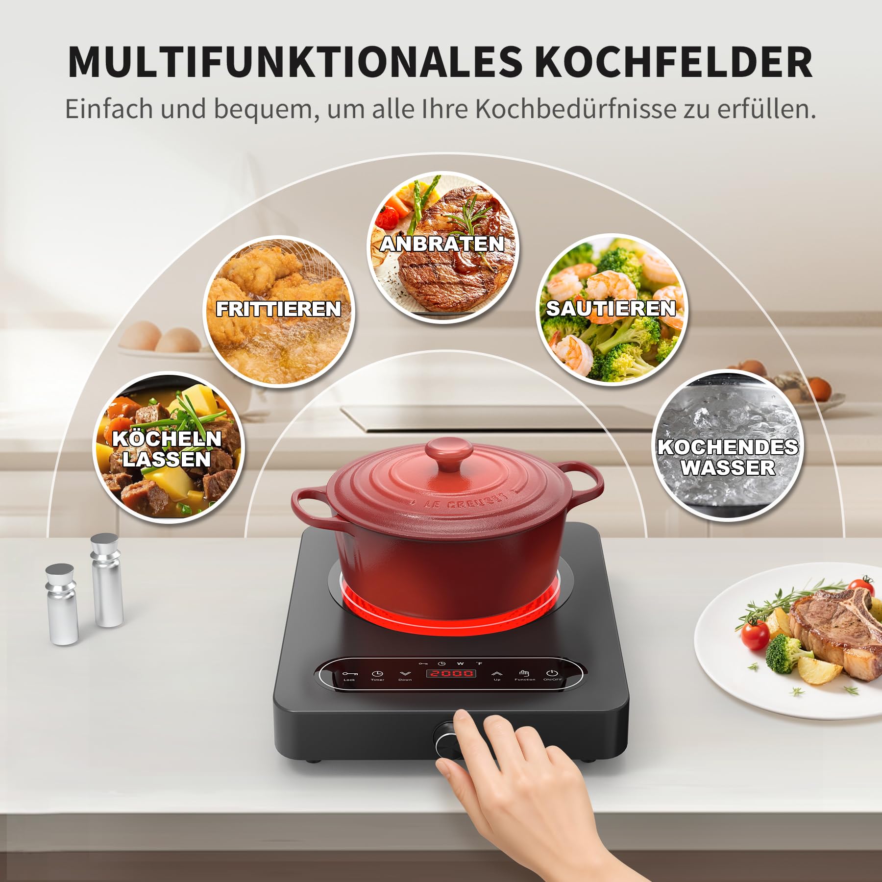 VBGK Glaskeramik Kochfeld 1 Platte, 220V, 2000W, Kochfeld mit LED-Touch-Bedienelementen und Drehreglern, 10 Leistungsstufen, 4-Stunden-Timer, Sicherheitsverriegelung Herdplatte mit Stecker