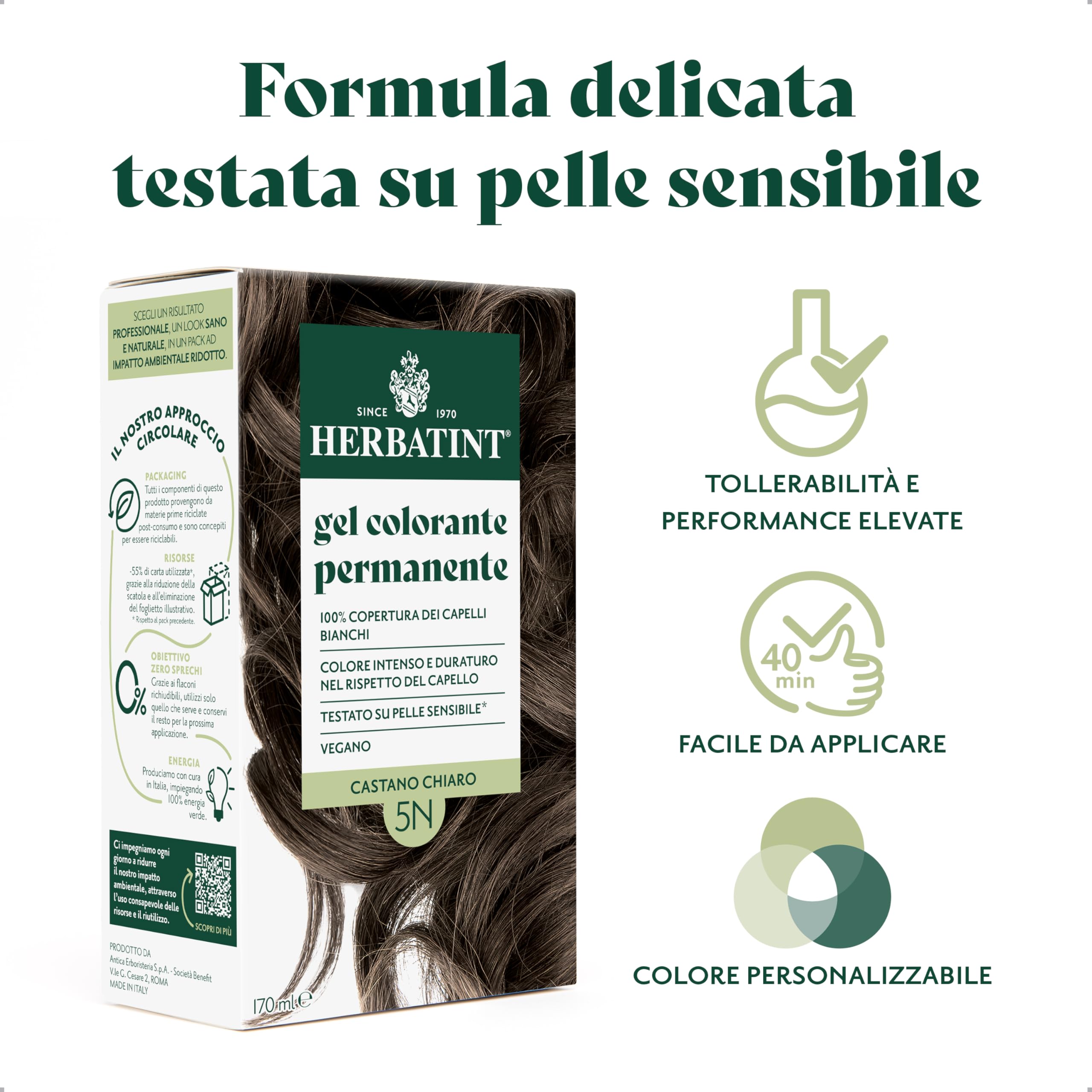 Herbatint Trwały żel do farbowania włosów 5N jasnobrązowy - 170 ml | bez amoniaku, 100% białe włosy | dla wrażliwej skóry, z 8 naturalnymi ekstraktami organicznymi
