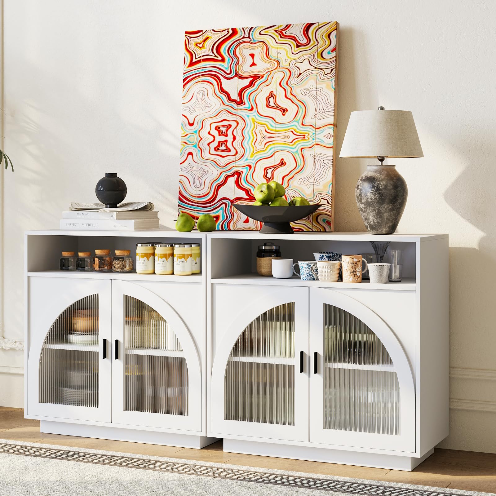 Sideboard Buffet Cabinet with Arched Acrylic Doors &amp; Storage(2, B-White)