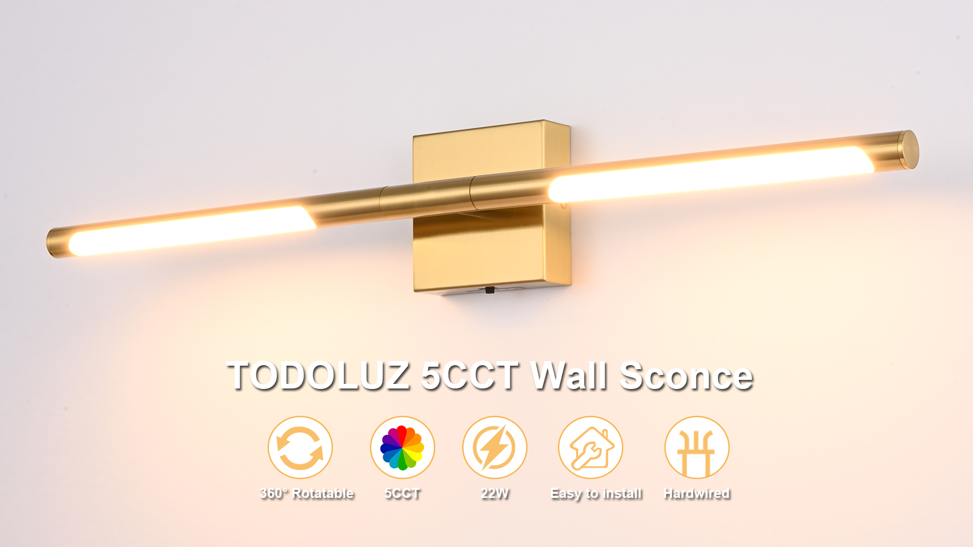 Image of TODOLUZ 36-Inch 5CCT 20W LED Bathroom Vanity Light Fixture, Brushed Brass 2700K-5500K Wall Sconce Lighting with Rotatable Lamp Tube