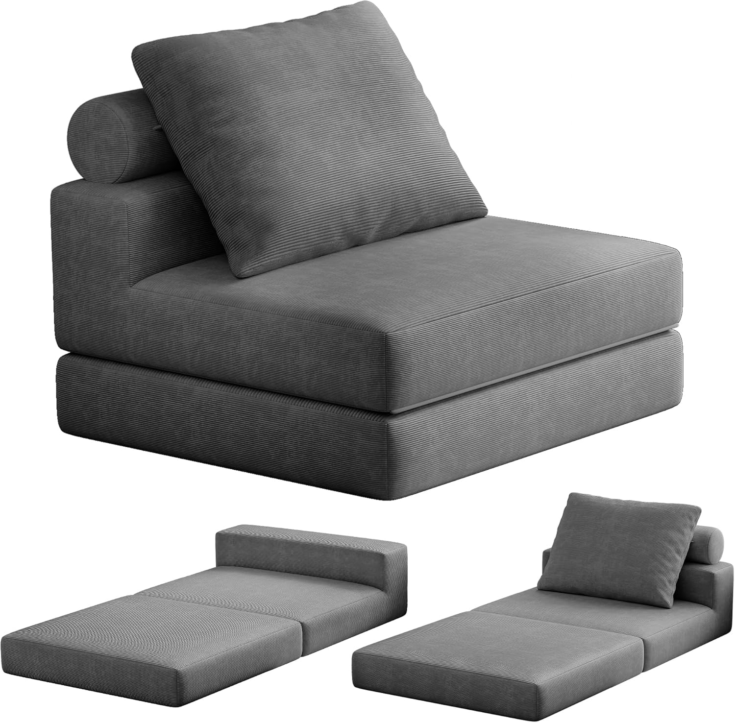 Folding Sofa Bed – Convertible Sleeper Chair Bed with Pillows/Single Floor Couch/Small Futon Couch Filled with High-Density Foam for Lounge, Dorm or Office – Gray