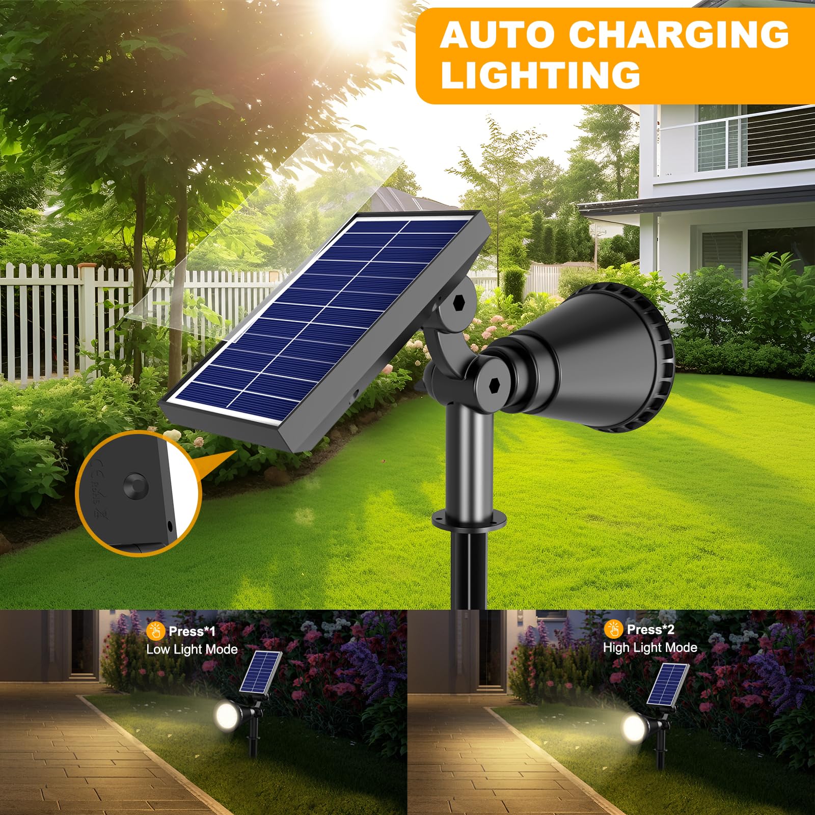 Faretti solari per esterni, 36 LED per illuminazione paesaggistica solare con 2200 mAh, luci per esterni auto on/off, 2 in 1, da parete o da terra, ad energia solare, per cortile e giardino