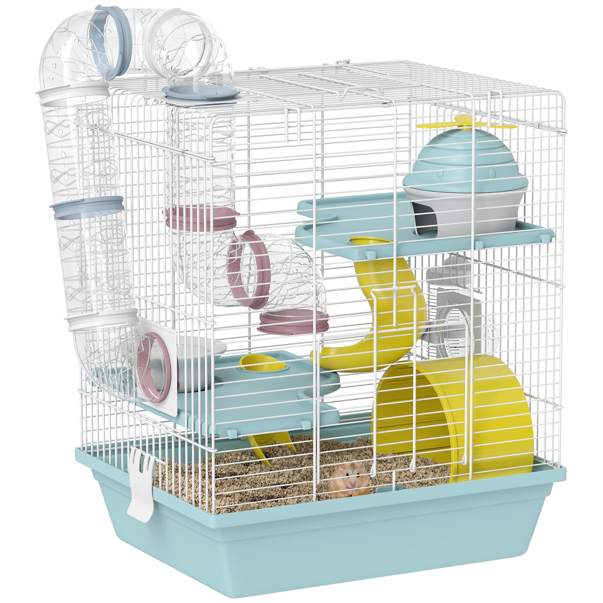 PawHut 3-Level Hamster Cage, Gerbil Cage with Exercise Wheel, Tunnels, Water Bottle, Food Bowl, House, Ramps, for Dwarf Hamster, 34.5 x 27.5 x 41 cm, Blue