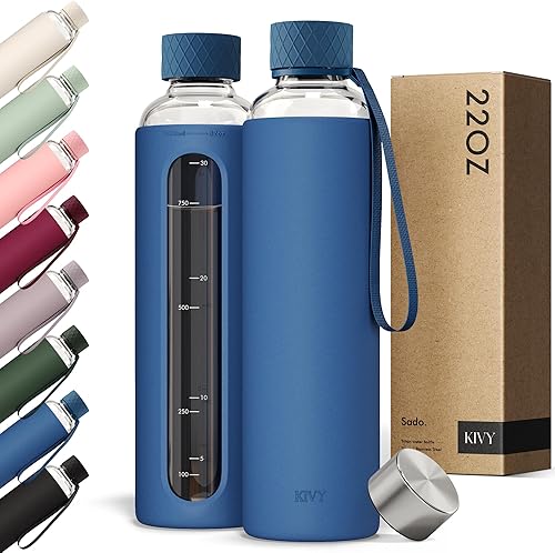 Miniatura 18 de KIVY Botella de agua de vidrio con funda de silicona de 32 onzas [CON medidas] – Botella de agua de vidrio de borosilicato con tapa de rosca