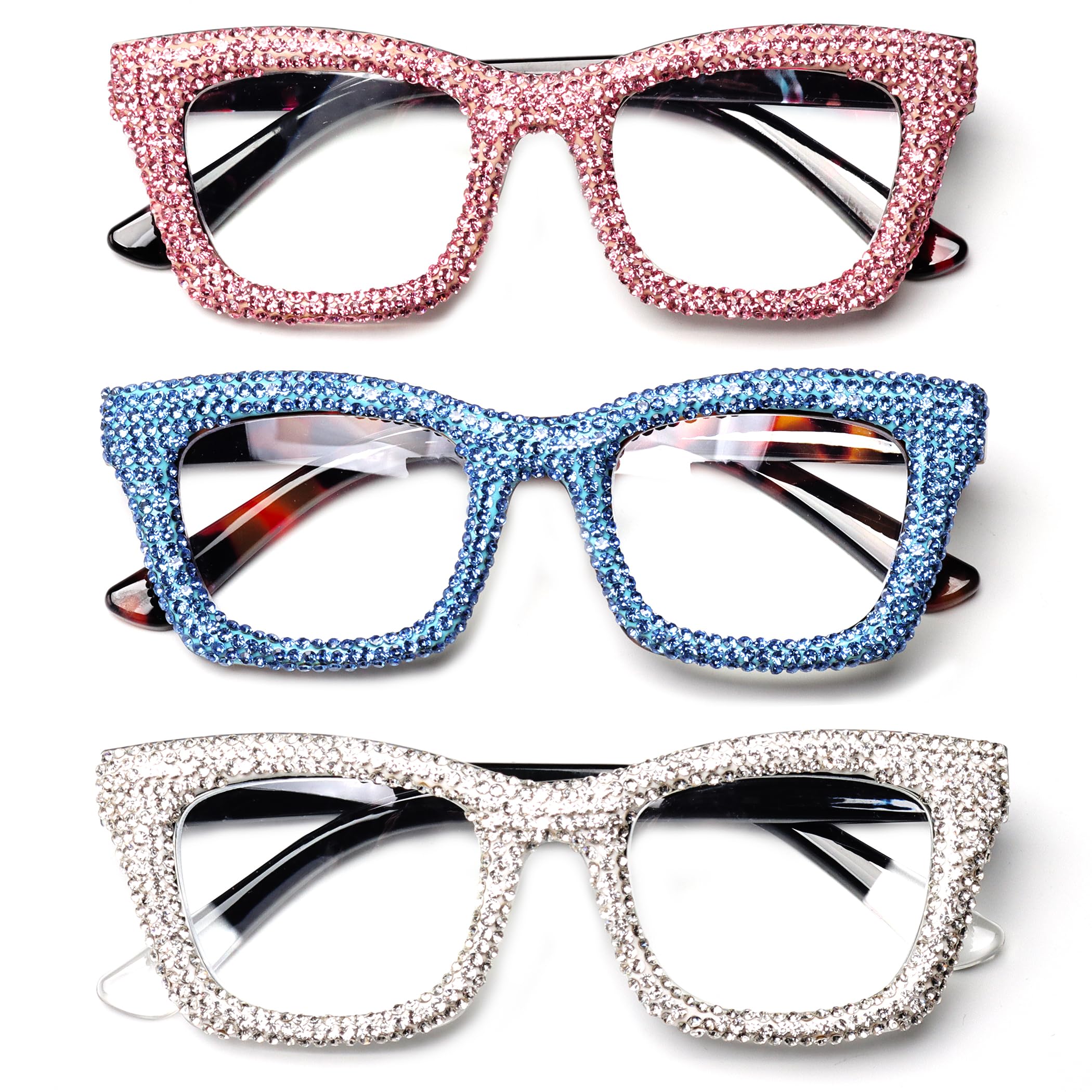 bullabulling 3 pack Oprah style Spring hinge Readers Blue Light Blocking Computer Square Reading Glasses for Women Men