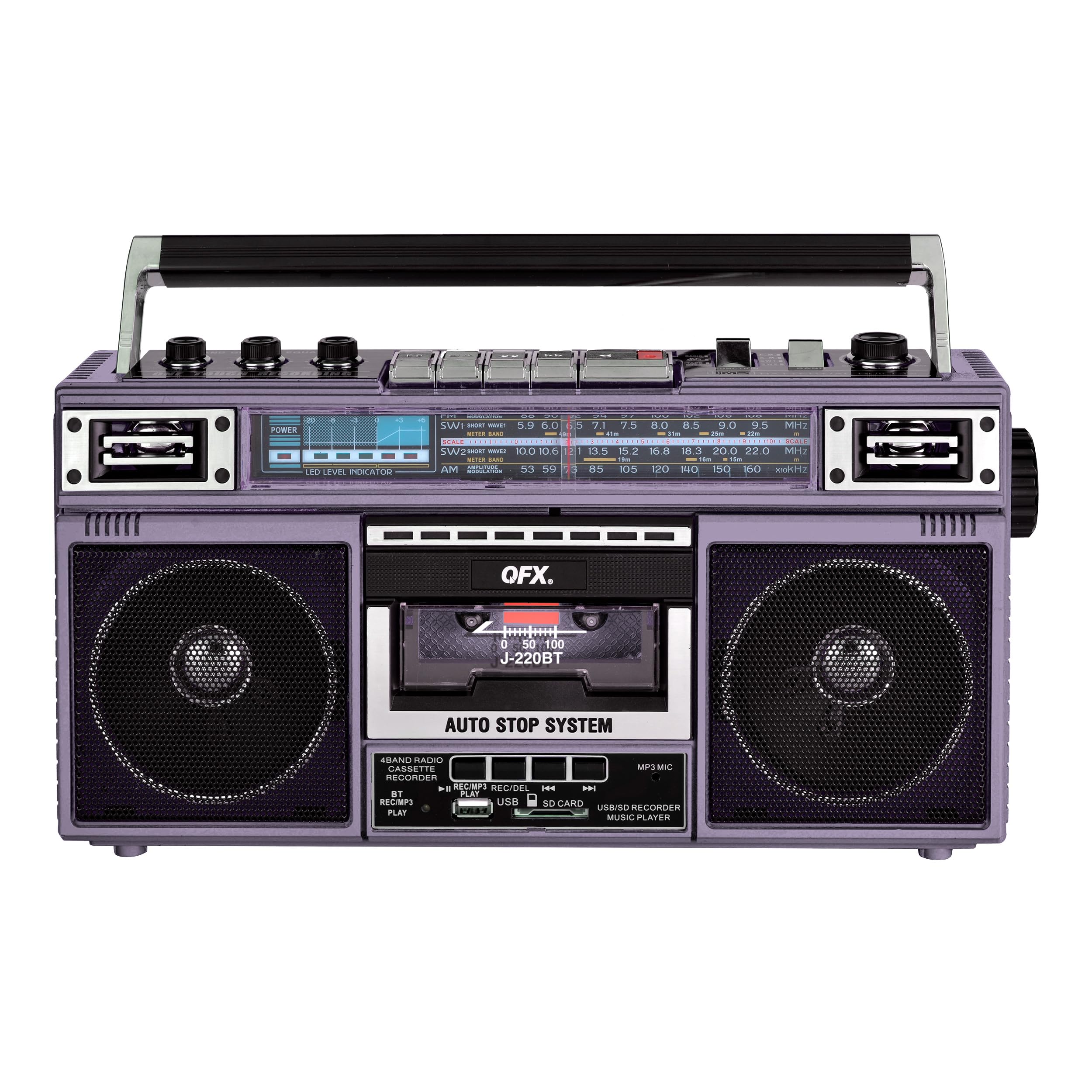 QFX J-220BT Purple Boombox MP3 Conversion from Radio to Cassette with 4-Band (AM, FM, SW1, SW2) Radio with Bluetooth, Dual 3” Speakers, Built-in Microphone, Recorder, and a 3-Band Equalizer-image-38
