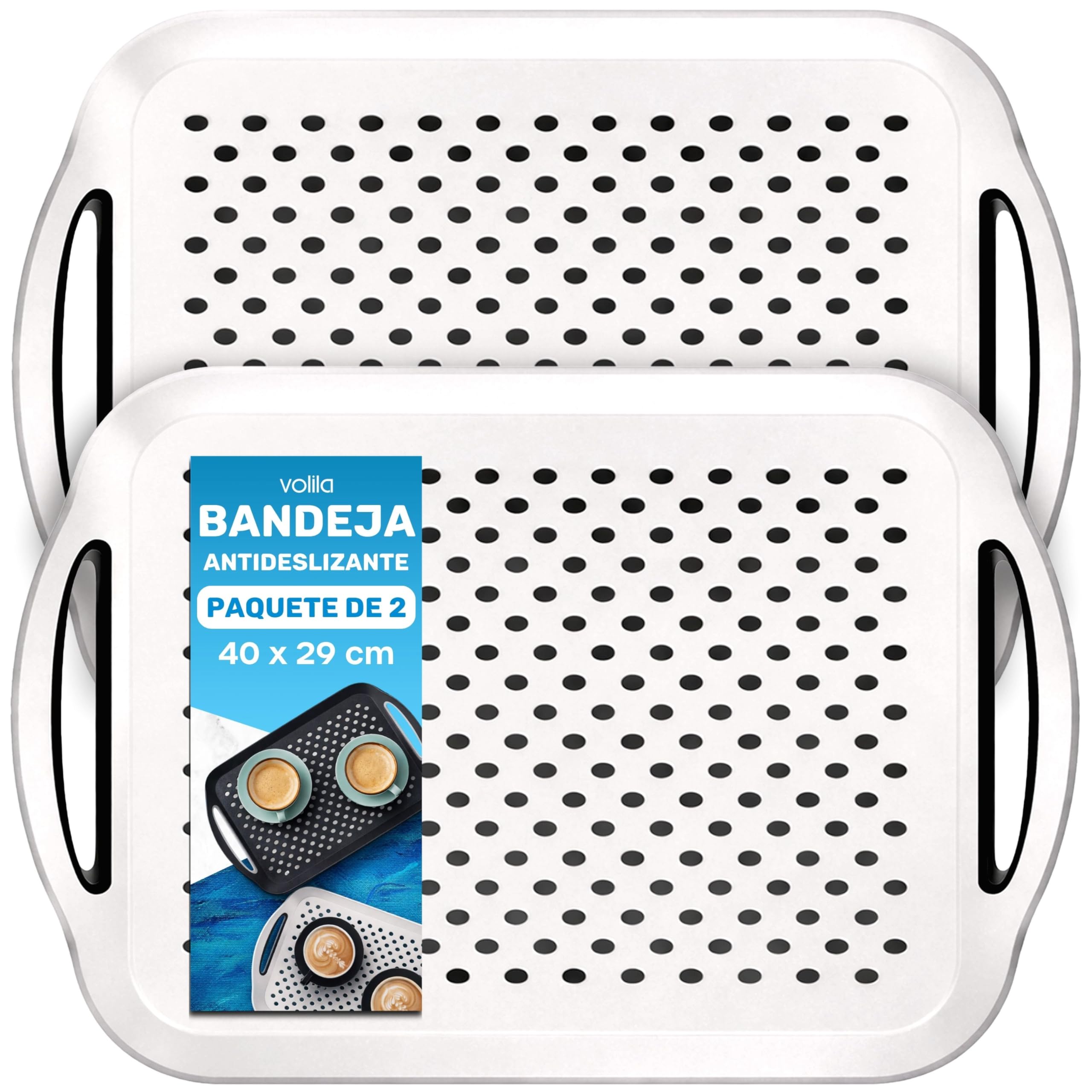 volila Bandeja antideslizante de plástico antideslizante para comer con asa (41 x 29 x 4,5 cm) - Bandejas de comida para comer, té o café, color blanco