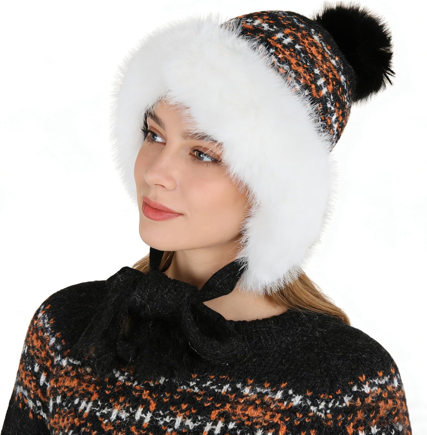 PURFUN Women Thick Warm Knitted Beanie Skull Caps with Fuzzy Faux Fur Trim&Pompom Winter Cozy Earflap Cap Sherpa Ski Snow Hat