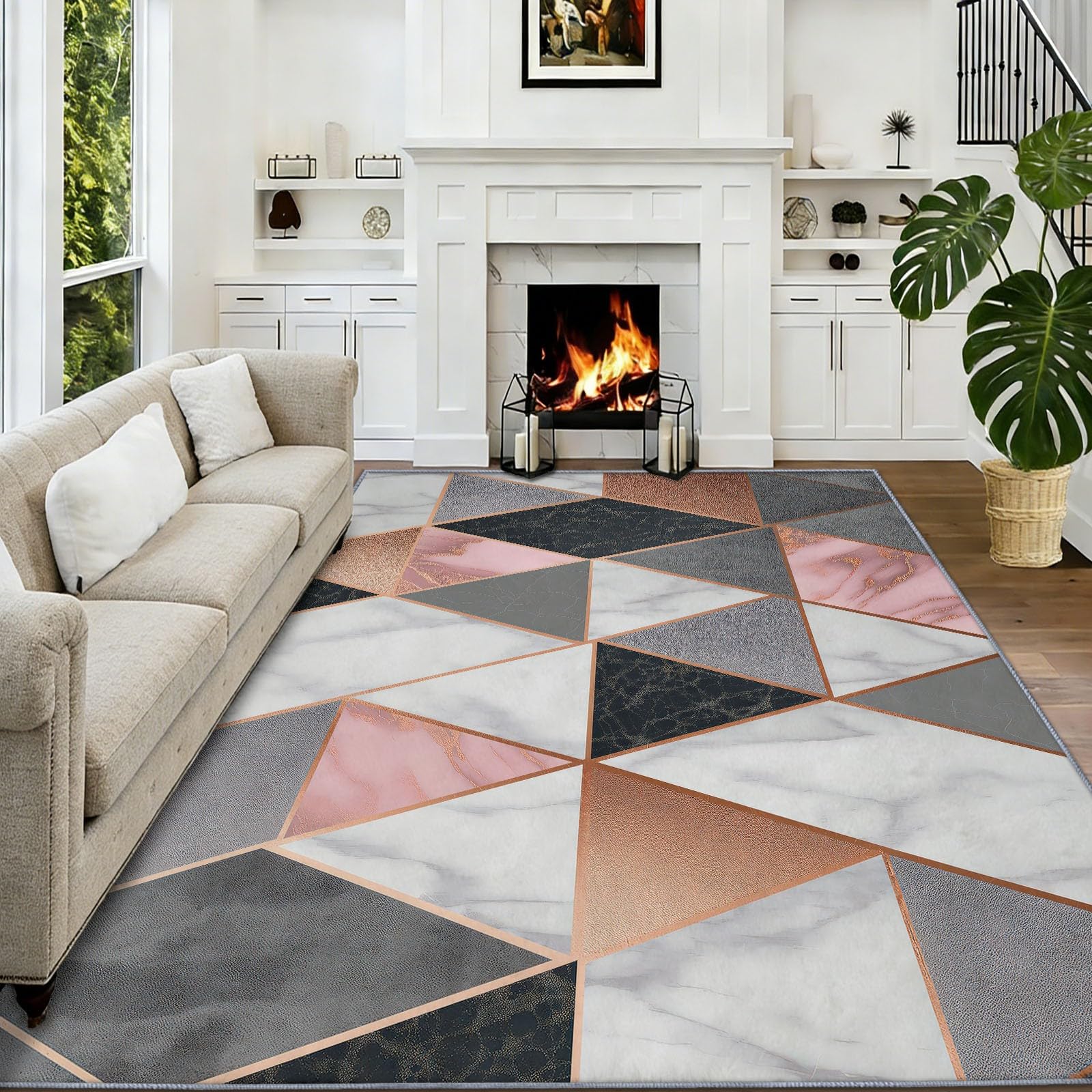 Teppich Wohnzimmer Geometrisches Dreieck aus Marmor 60x120cm Waschbare Kurzflor Teppiche Großer rutschfest Carpet, für Schlafzimmer, Büro, Kinderzimmer Druck Teppich