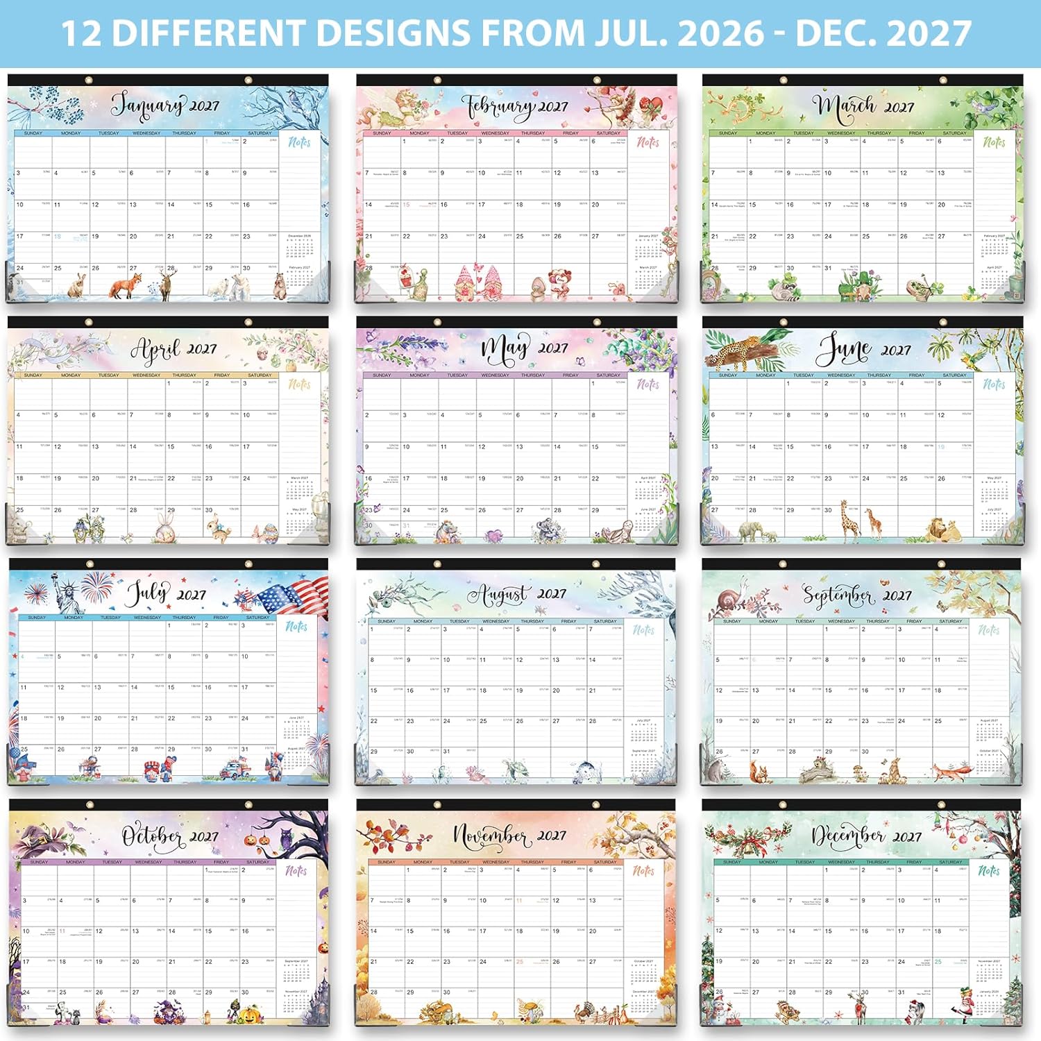 Desk Calendar 2026-2027 - 18 Months Calendar From July 2026 to December 2027, 17”x 12”, Tear Off Design, 2 Hanging Holes, Calendar 2026-2027 for Home School Office - Animal & Seasonal Watercolor