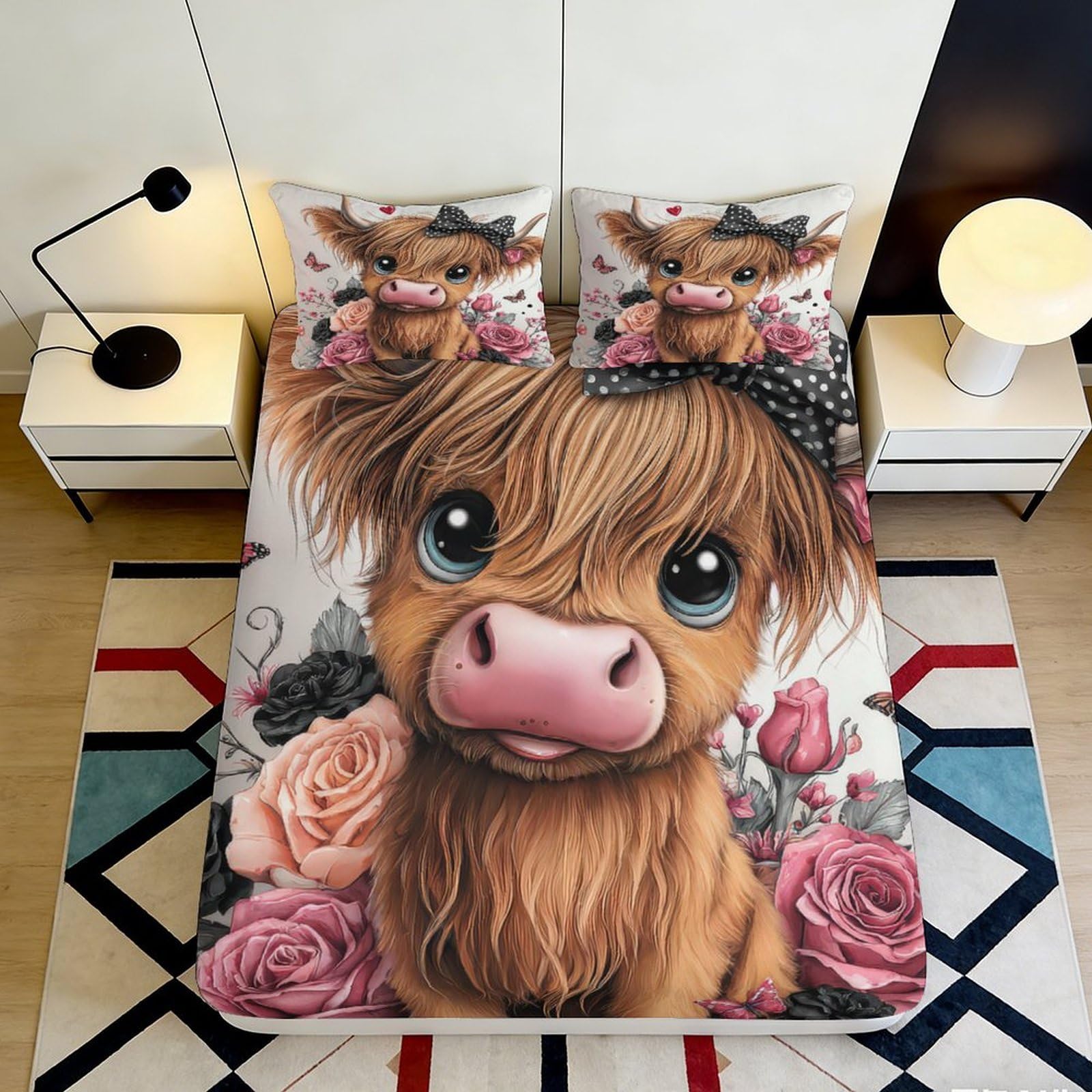 3D Printed Cute Cow Fitted Sheet Microfiber Elastic Hem Deep Pocket Cow Mattress Fitted Cover Washable for Bedroom 200x200x25cm