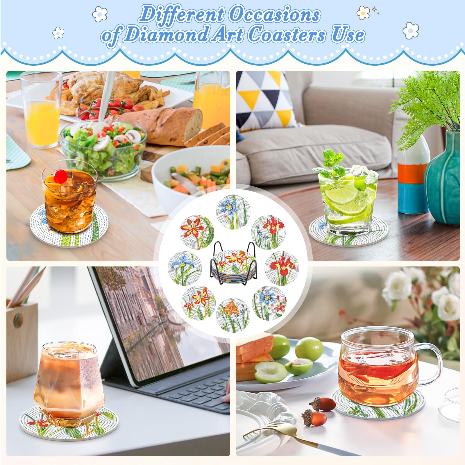 Lot De 8 Sous-Verres Peinture Diamant Paysage – Kit Créatif Avec Support, Idéal Débutants Enfants & Adultes, Décoration Maison & Table Élégante
