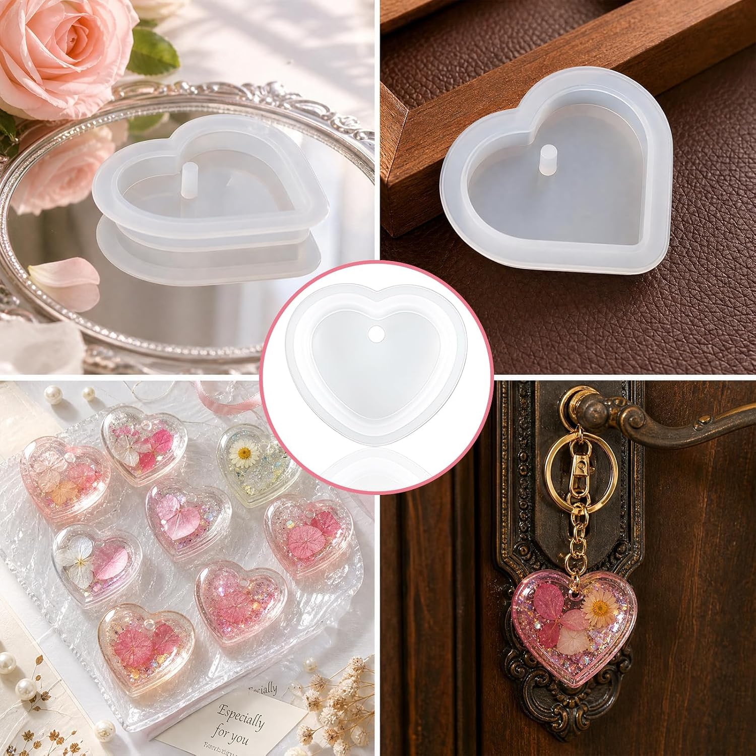 Heart Silicone Molds, 4 Pcs Earring Resin Mold with Holes, Heart Shaped Resin Jewelry Making for DIY Craft Pendant Necklace Earrings Keychains