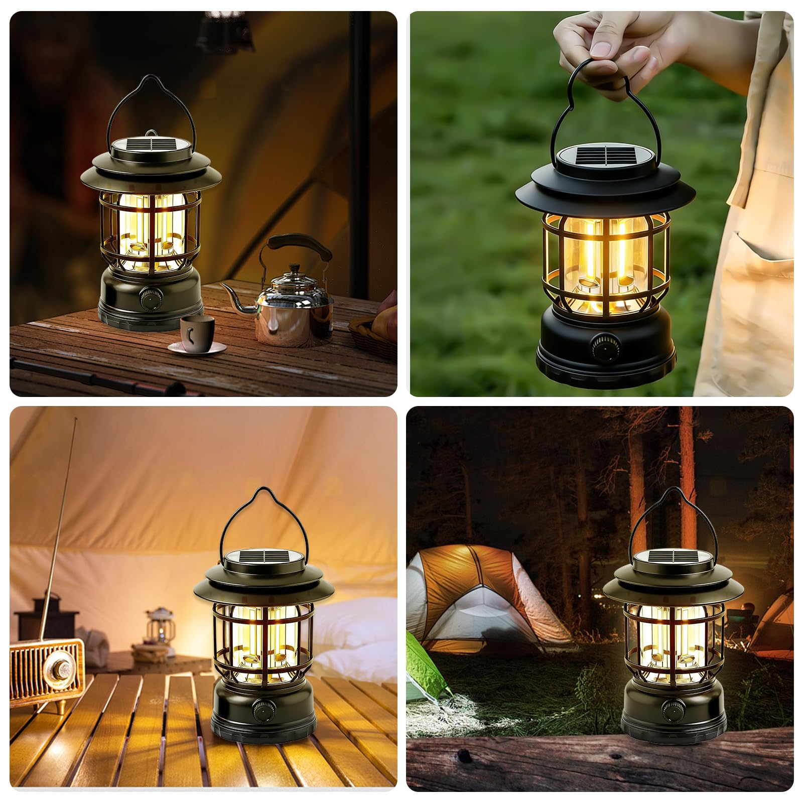 2 lampade da campeggio a LED, a energia solare, dimmerabili, USB, ricaricabili, retrò, da campeggio, IPX4, impermeabili, portatili, per pesca, emergenze, tenda all'aperto (nero)