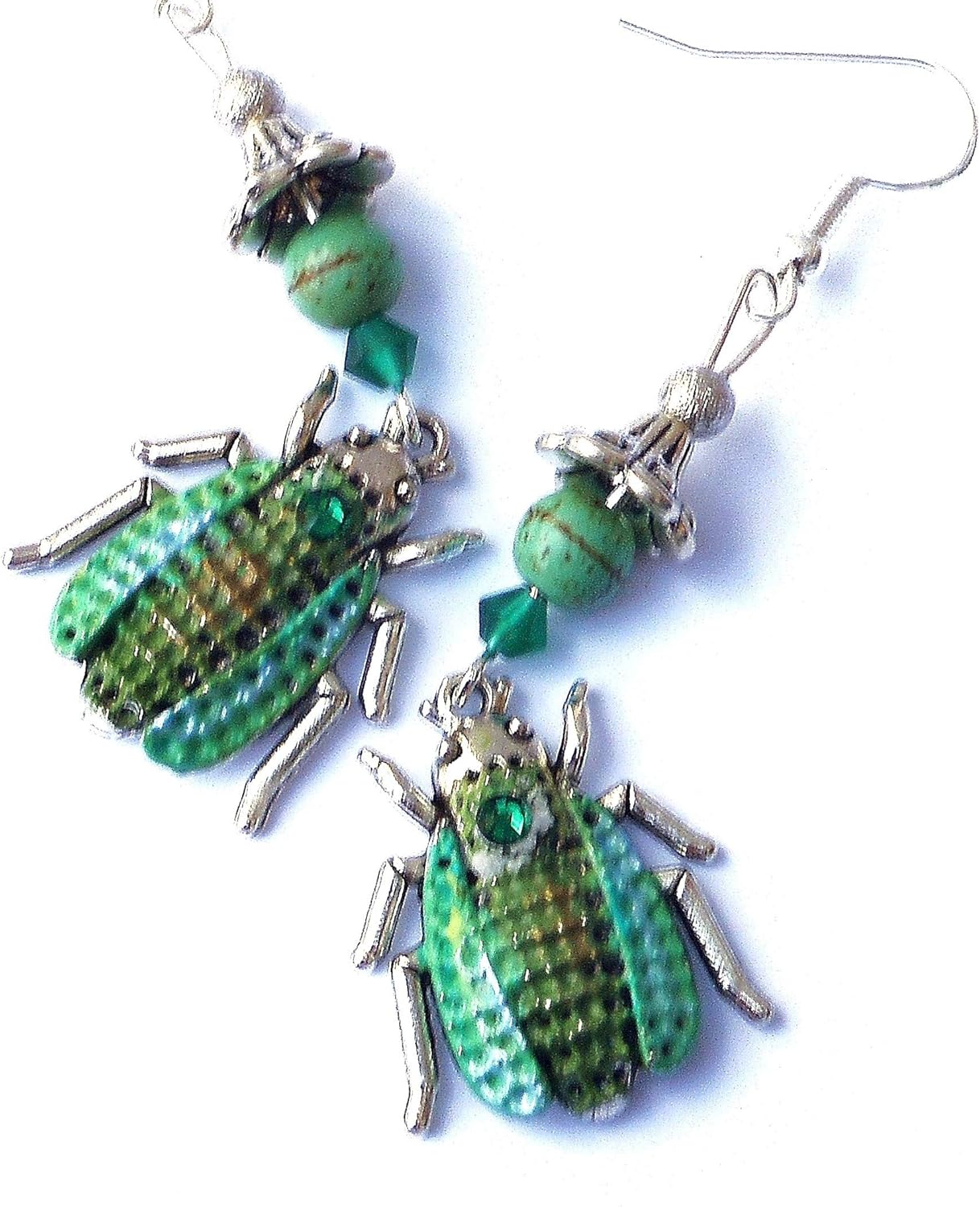 Cute Sterling Silver Turquoise Blue and Green Scarab Beetle Bug Dangle Earrings Whimsical Boho Insect Jewelry for Young Women