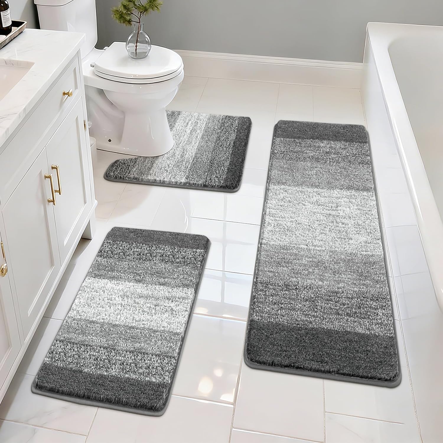 Pauwer Bathroom Rugs Sets 3 Piece Shower Rugs with U-Shaped Contour Toilet Mat Absorbent Microfiber Plush Bath Mats Non Slip Bath Rugs Machine Washable Shaggy Bathroom Floor Mats, Grey