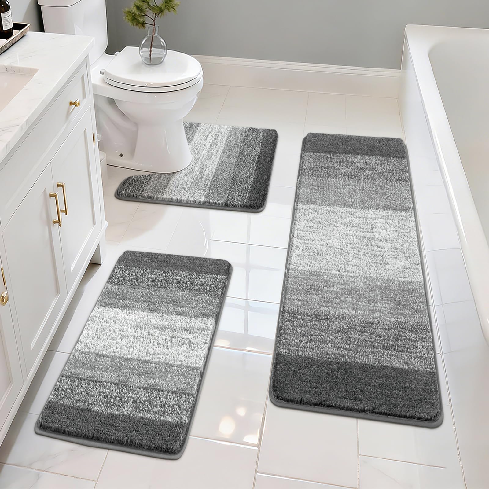 Pauwer Lot de 3 tapis de salle de bain à poils longs avec contour en forme de U et peluche absorbante, en microfibre absorbante, lavable en machine, gris