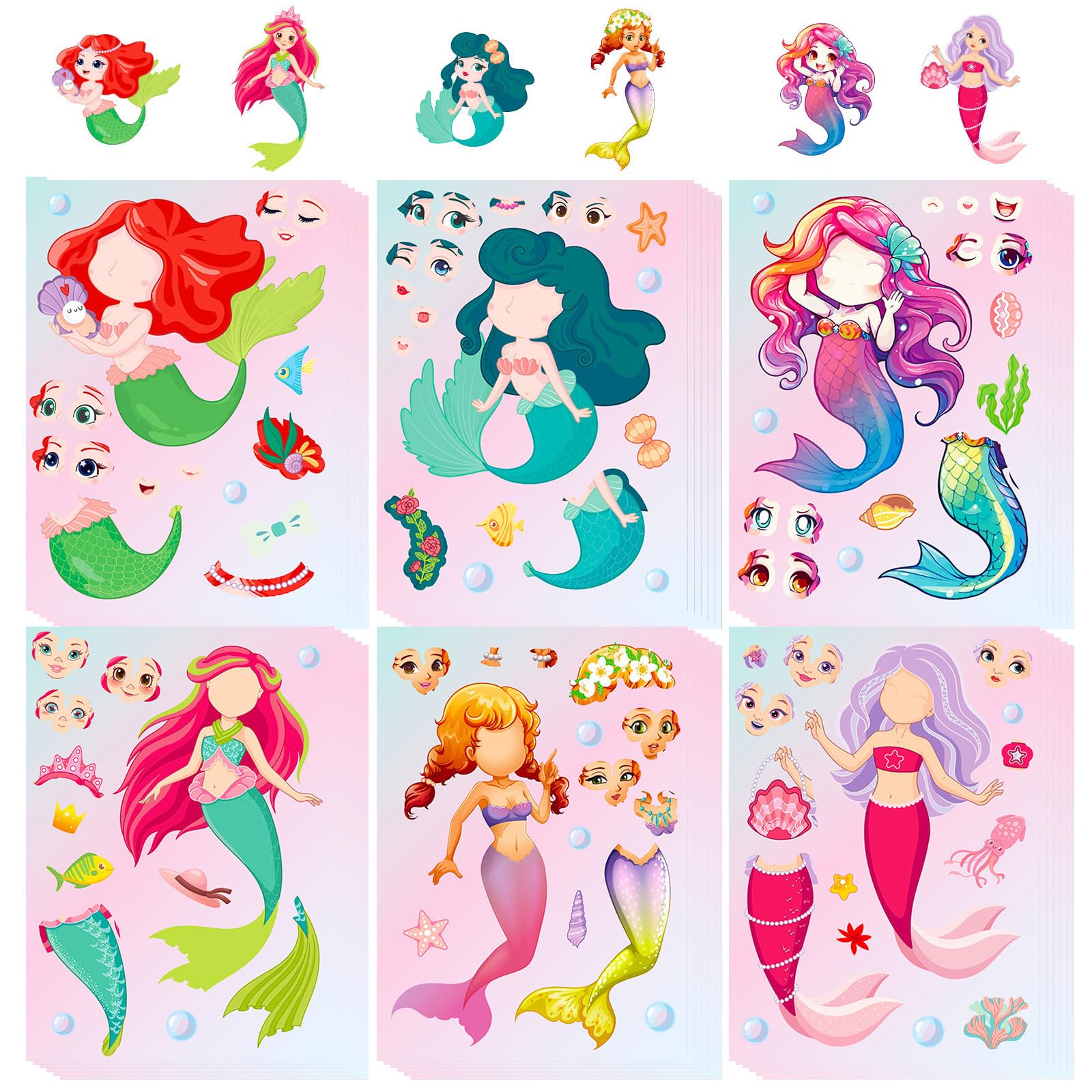 Falafoty Gift for Christmas 24 Sheets Cartoon Make a Face Stickers, Make Your Own DIY Mermaid Princess Stickers for Kids, Make-a-Face Princess DIY Sticker Art Crafts Kit for Birthday Party Supplies