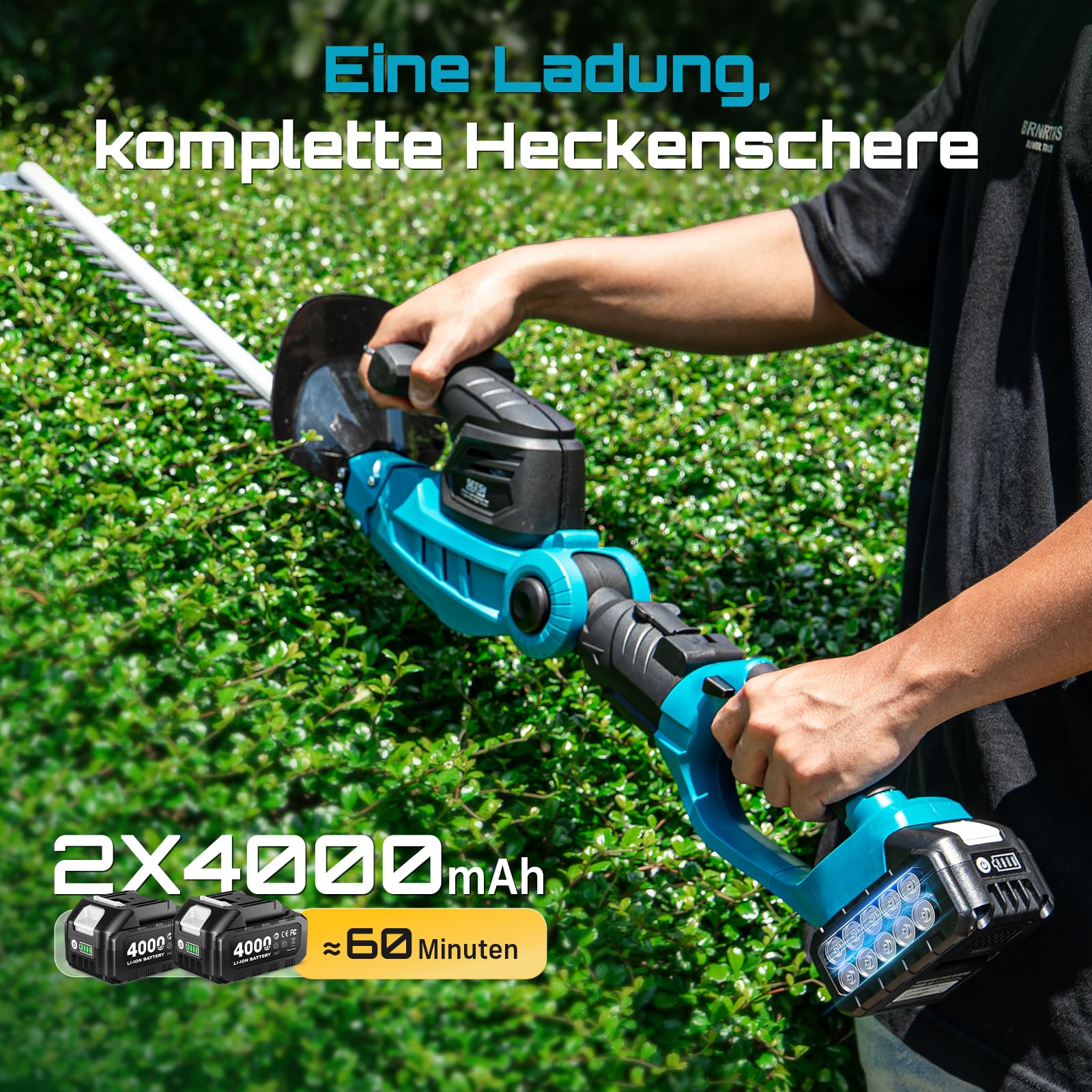 SEESII 2-in-1 Teleskop Heckenschere Akku: Elektrische Heckenschere mit 53 cm Doppelklinge, Teleskopstange bis 2,6 m, 18 mm Schnittstärke, 2 * 4,0 Ah Akkus, für Garten, Bäume und Sträucher CYCPHT05