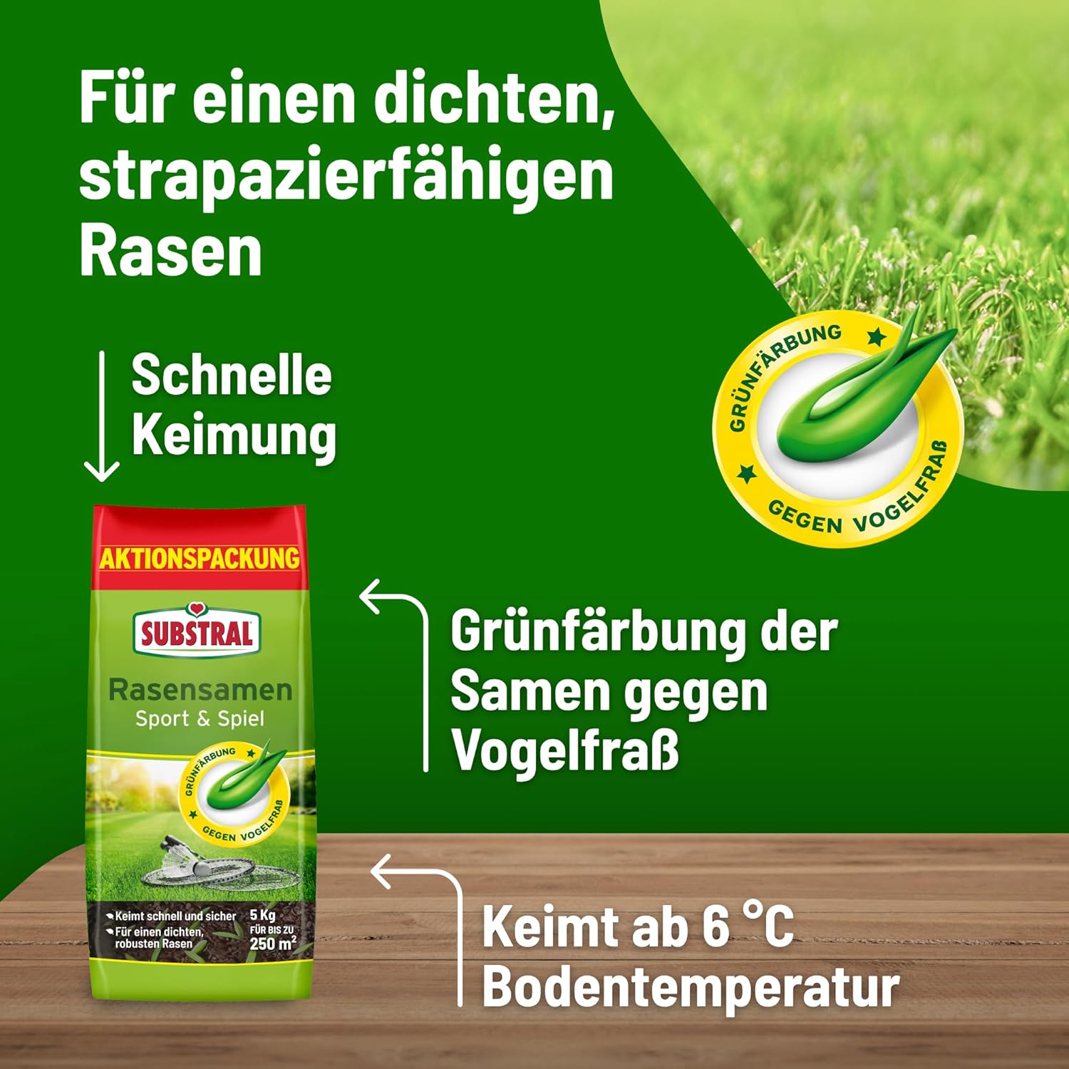 Substral Lawn Seeds Sport and Game, Durable Lawn Seed Mix with Green Colour Against Bird Eating, 5 kg, 250 m²