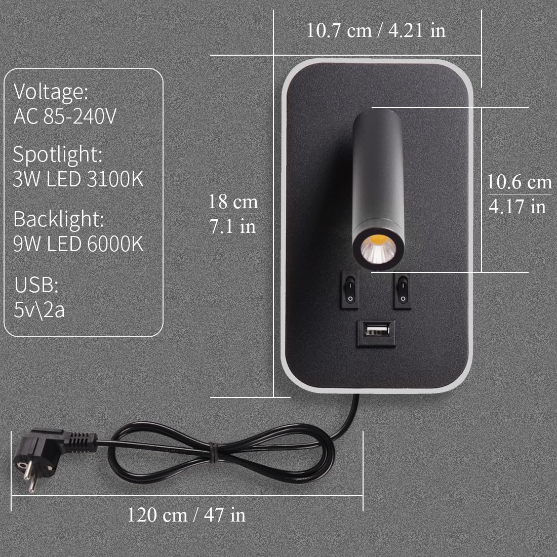 3W+9W LED leselampe wandlampe USB-Aufladung mit schalter wandleselampe Bettlampe innen Leselicht Schwenkbar Wandbeleuchtung Schlafzimmer Nachttischlampe 3100K, mit Stecker und Kabel, Schwarz