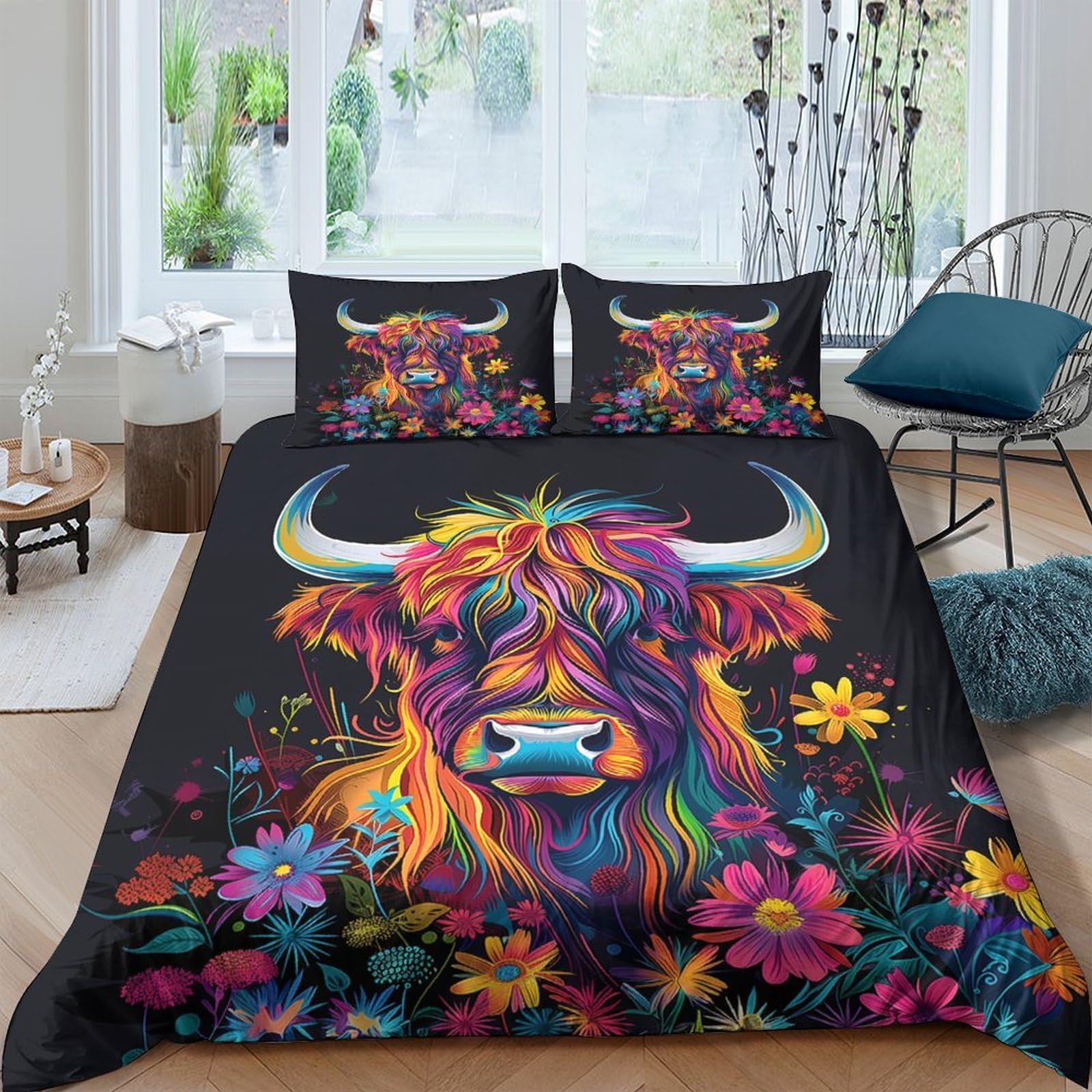 GPLZQXKJNH 3D Printed Colourful Highland Cow Duvet Cover Microfiber Floral Bedding Set with 2 Pillowcases for Bedroom Decor Single（135x200cm）