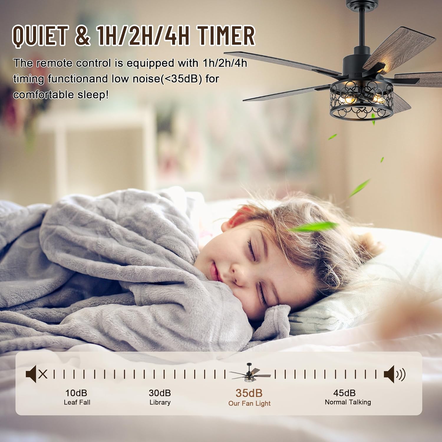 52" Farmhouse Ceiling Fans with Lights and Remote,Chandelier Ceiling Fan with Reversible DC Motor and 5 Double Finish Wood Blades,Rustic Caged Ceiling Fan for Living Room,Dining Room,Bedroom