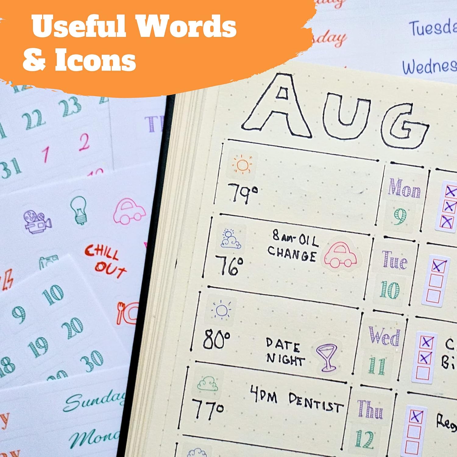 Simple Productivity Weekly Planner Stickers (Colorful) - 30 Sheets of Writable and Transparent Stickers - Mini Calendars, Habit Tracker, Days, Numbers - Supplies for Bullet Dotted Journals : Office Products