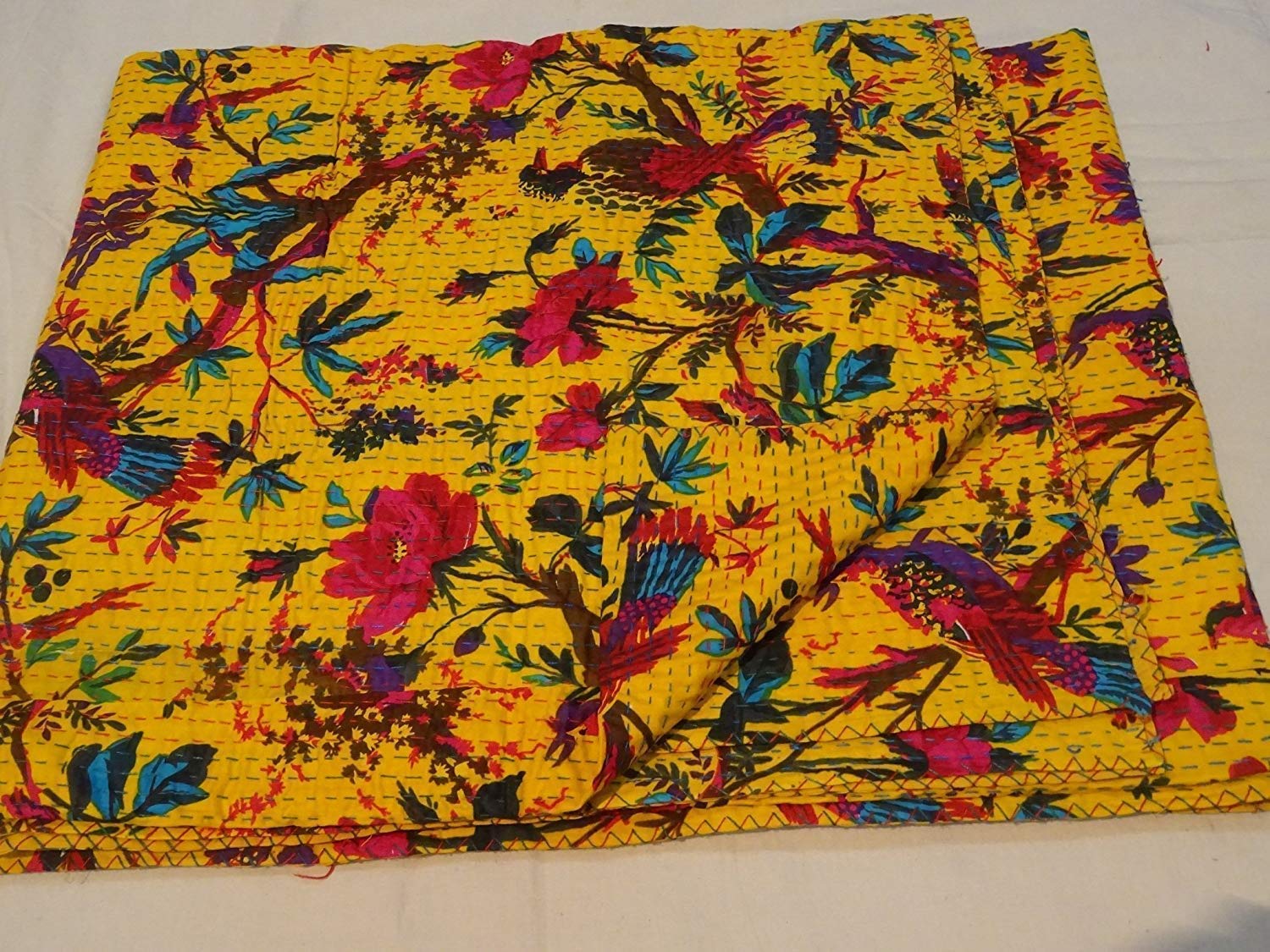 Textile Work Creationss Handmade Bird Print Handmade Kantha QuKantha Bedspread, Indian Kantha Indian Cotton Kantha Quilts, 100% Cotton,Throw Handblock Kantha Quilt, Cotton Gudari Twin Size-image-33