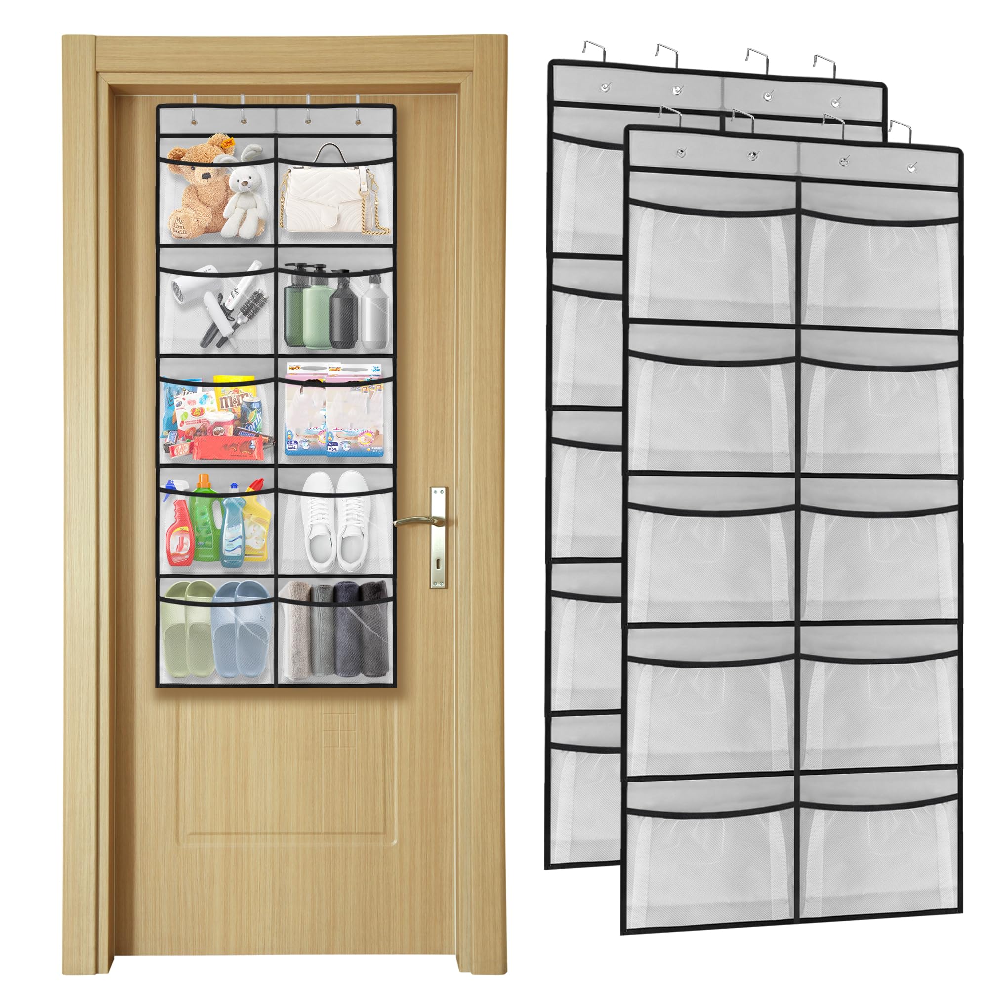 Ykukizee Grey 2 Pack Over The Door Organiser Storage Bags With 10 Mesh Pockets, Hanging Storage Organiser Bags, Shoe Rack Door Hanging For Closet Wardrobe Bedroom Bathroom
