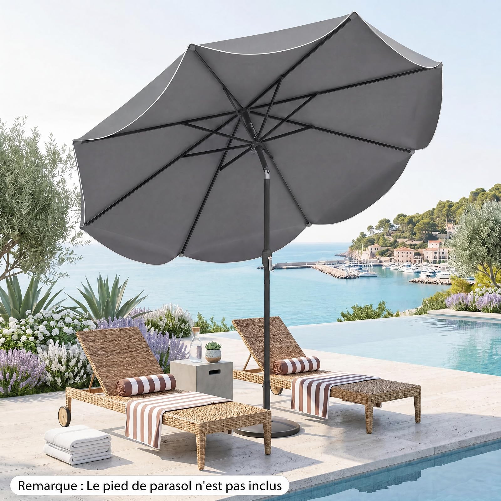 RELAX4LIFE 2,7M Parasol Inclinable à Volants pour Terrasse Balcon Piscine, Parasol de Jardin Extérieur à 8 Baleines, Protection UV, Polyester Résistant, Manivelle, Loquet de Sécurité, Attache (Gris)