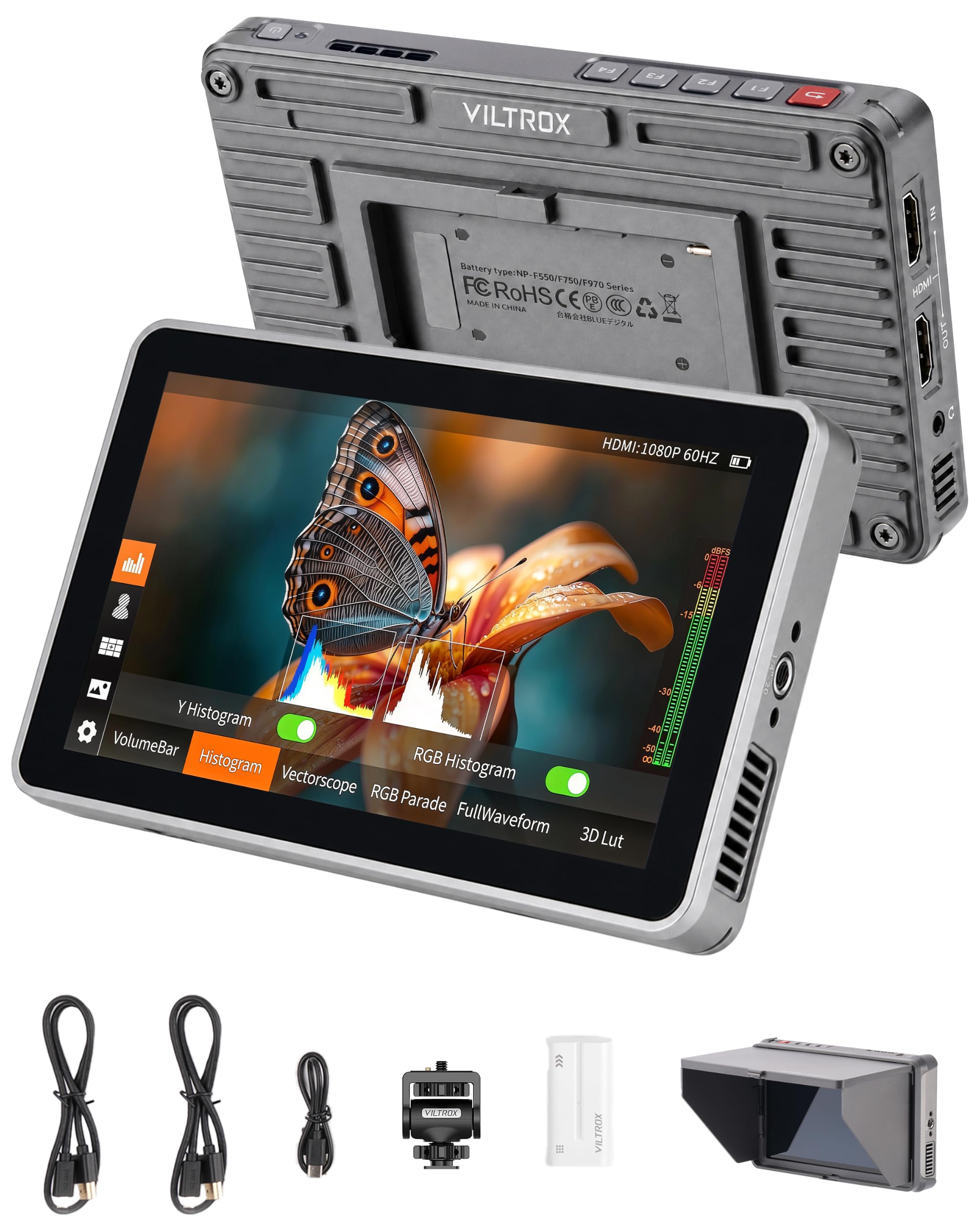 VILTROX 6'' Camera Field Monitor 4K 2000Nits Touchscreen Camera Monitor, Full HD 1920x1080 Video Monitoring, 3D Lut, RGB Parade, Focus Peaking, with Sunshade Hood and Battery for Sony Canon Nikon
