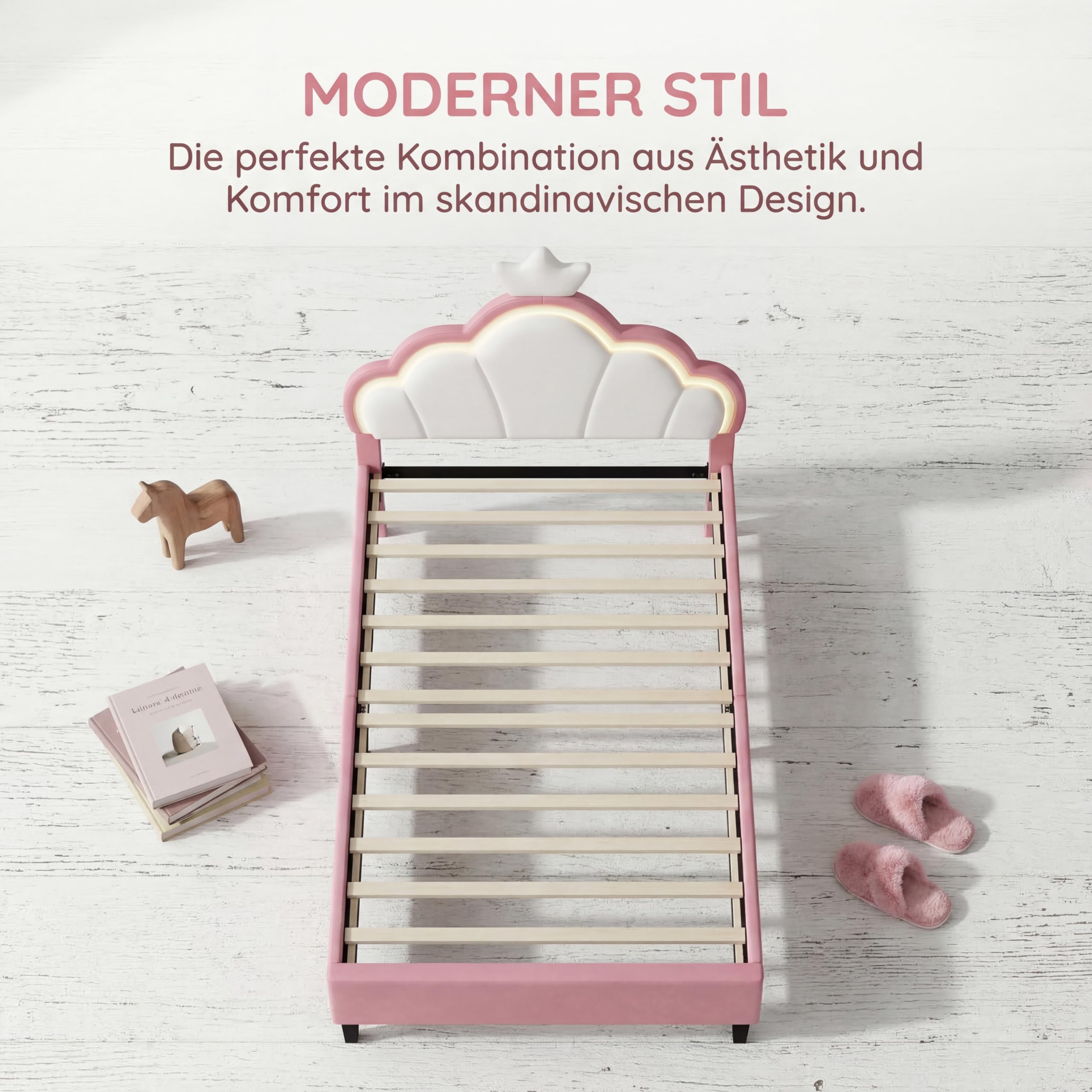 Polsterbett Kinderbett 90x200 cm, Mädchenbett Prinzessinnenbett mit LED, Höhenverstellbares Kopfteil, Einzelbett Bettgestell mit Lattenrost für Schlafzimmer, Loft, Samtstoff, Rosa