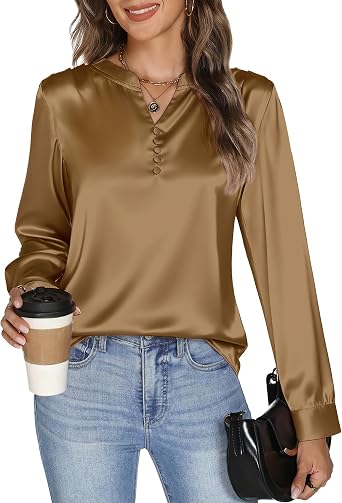 Womens Satin Silk Blouse Long Sleeve Button Front V Neck Shirt Business Casual Work Tops Lightweight Elegant Office Wear