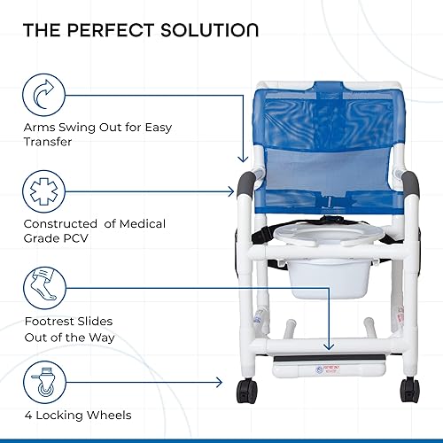 Miniatura 3 de Silla de ducha con ruedas con brazos caídos, asiento de malla, ruedas de bloqueo, cinturón de seguridad, reposapiés deslizante y cubeta para cómoda.