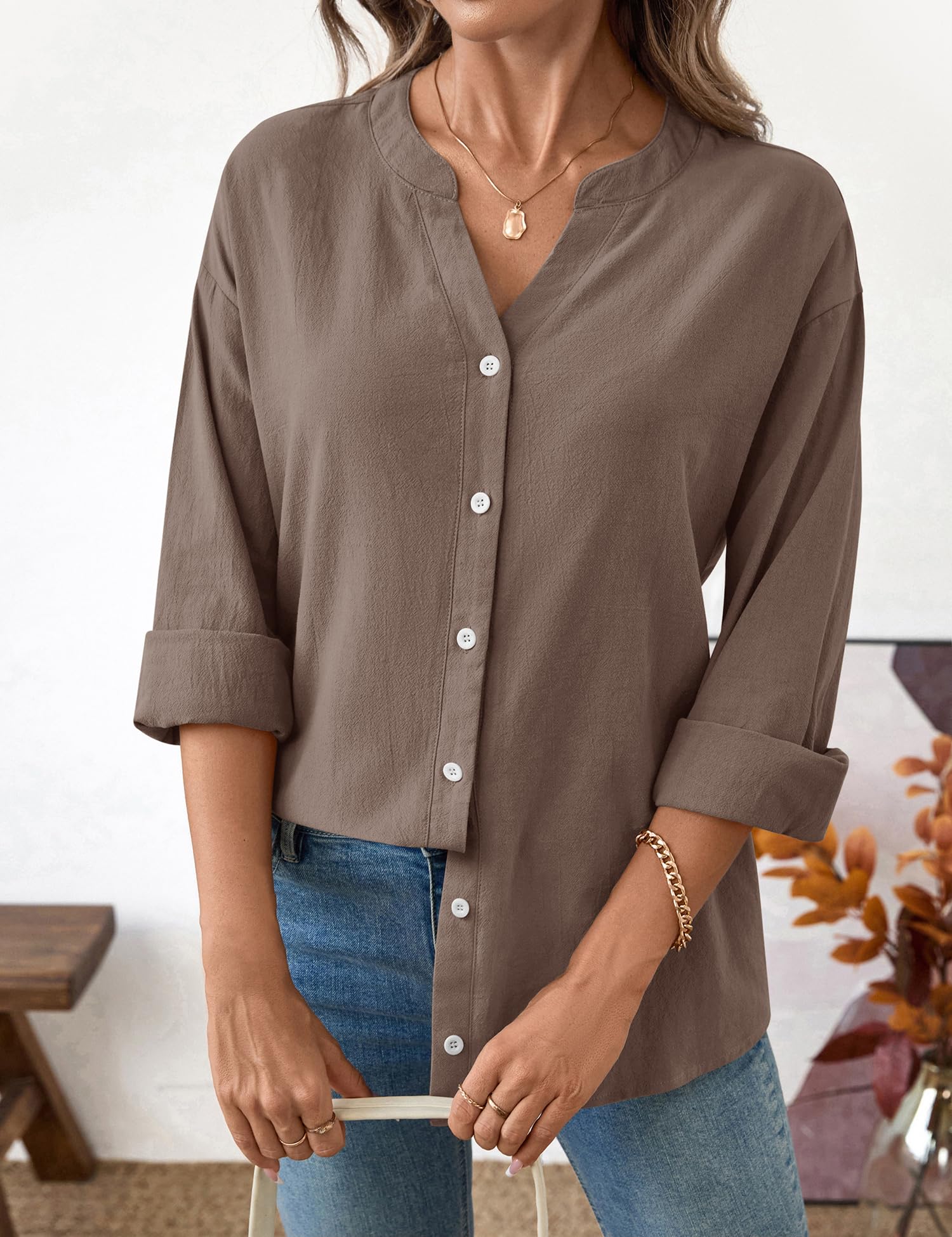 Rapbin Camicette da donna a maniche lunghe, in cotone, con scollo a V, con bottoni, casual, da lavoro, ufficio, camicette larghe