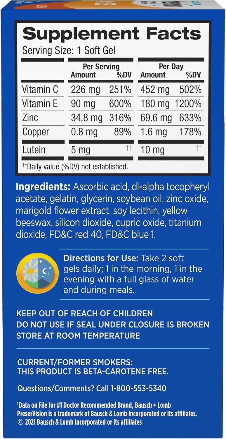 PreserVision AREDS Lutein Eye Vitamin & Mineral Supplement, Beta-Carotene Free, Soft Gels, 120 ct (Pack of 2)